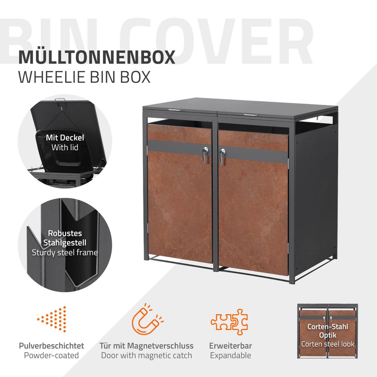 MÜLLTONNENBOX 2er Anthrazit-Rostoptik - Rotbraun, Metall (132/120/80cm) - ML-DESIGN