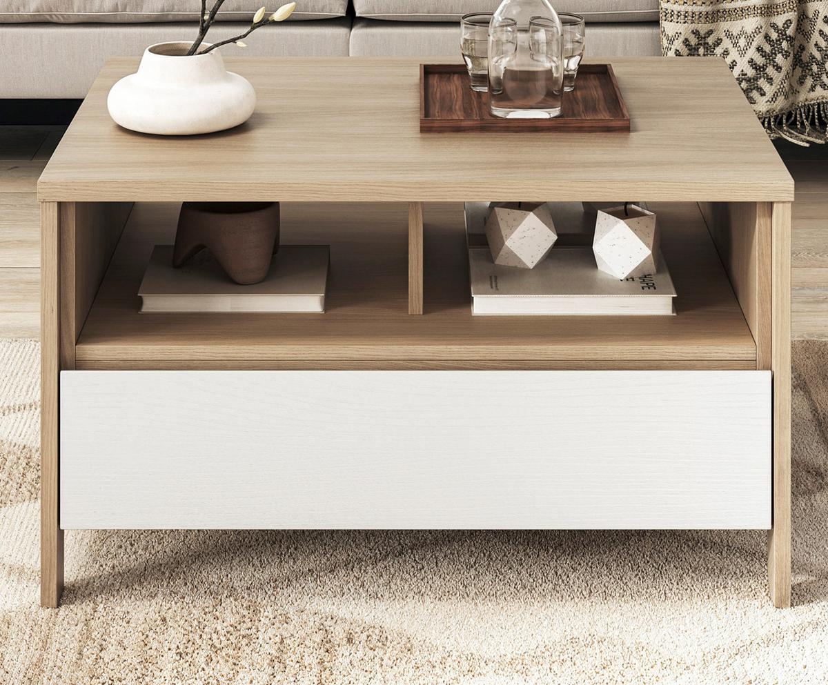 COUCHTISCH weiß und Eiche, Beistelltisch skandinavisch, 80 x 60 cm, Soft-Close, Finnes - Eichefarben/Weiß, Holzwerkstoff (60/80/46cm) - Furn.Design