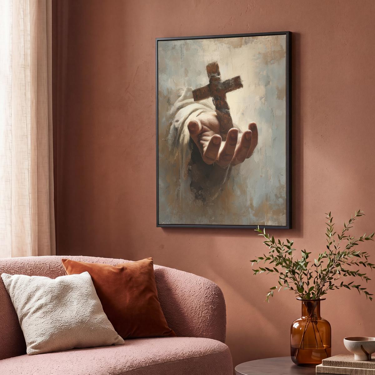 LEINWAND Bilder mit Rahmen - Abstrakt - Kreuz - Hand - Christentum - 70x100 - Hellbraun, Textil (70/100cm) - MuchoWow