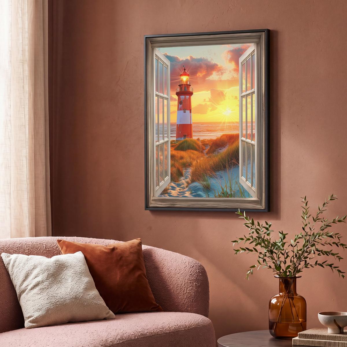 LEINWAND Bilder mit Rahmen - Aussicht - Fenster - Leuchtturm - Sonnenuntergang - Strand - 70x100 - Dunkelorange, Textil (70/100cm) - MuchoWow