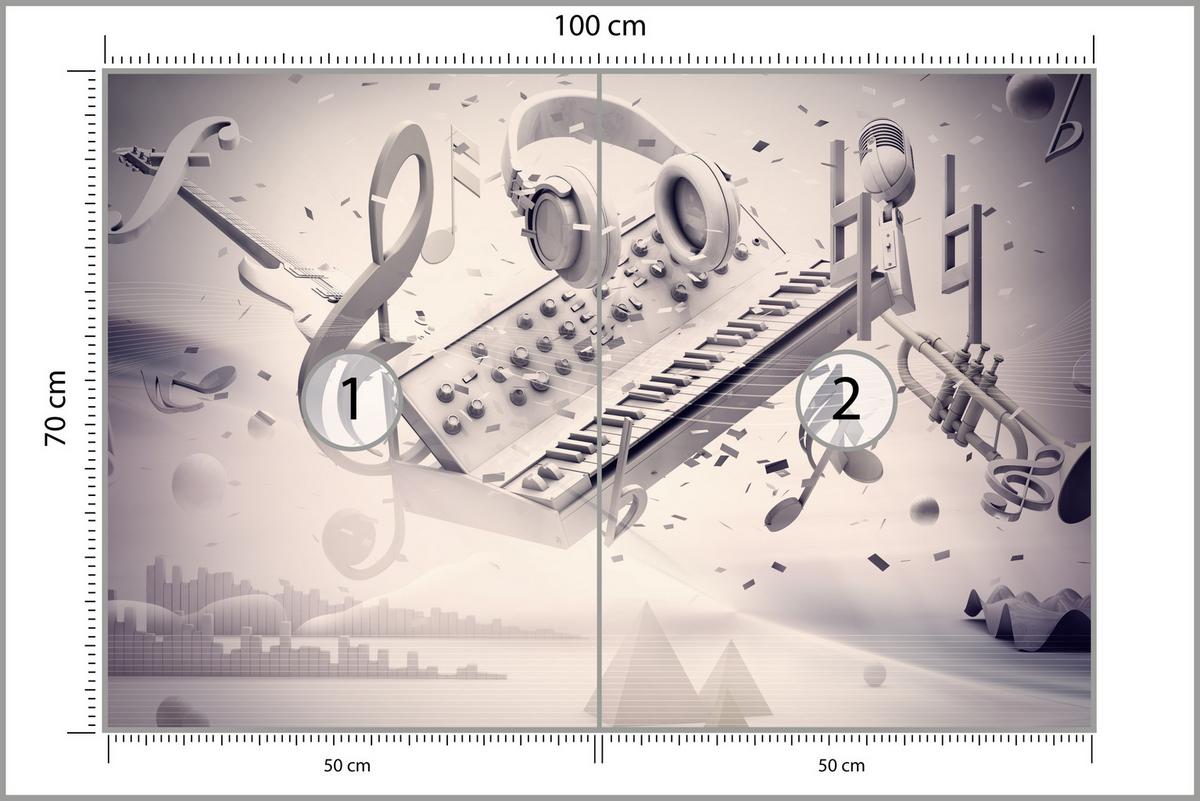 FOTOTAPETE für Jugendzimmer Modern Kollage Musik Klavier Noten Kopfhörer 100x70 - Grau, Papier (100/70cm) - Muralo