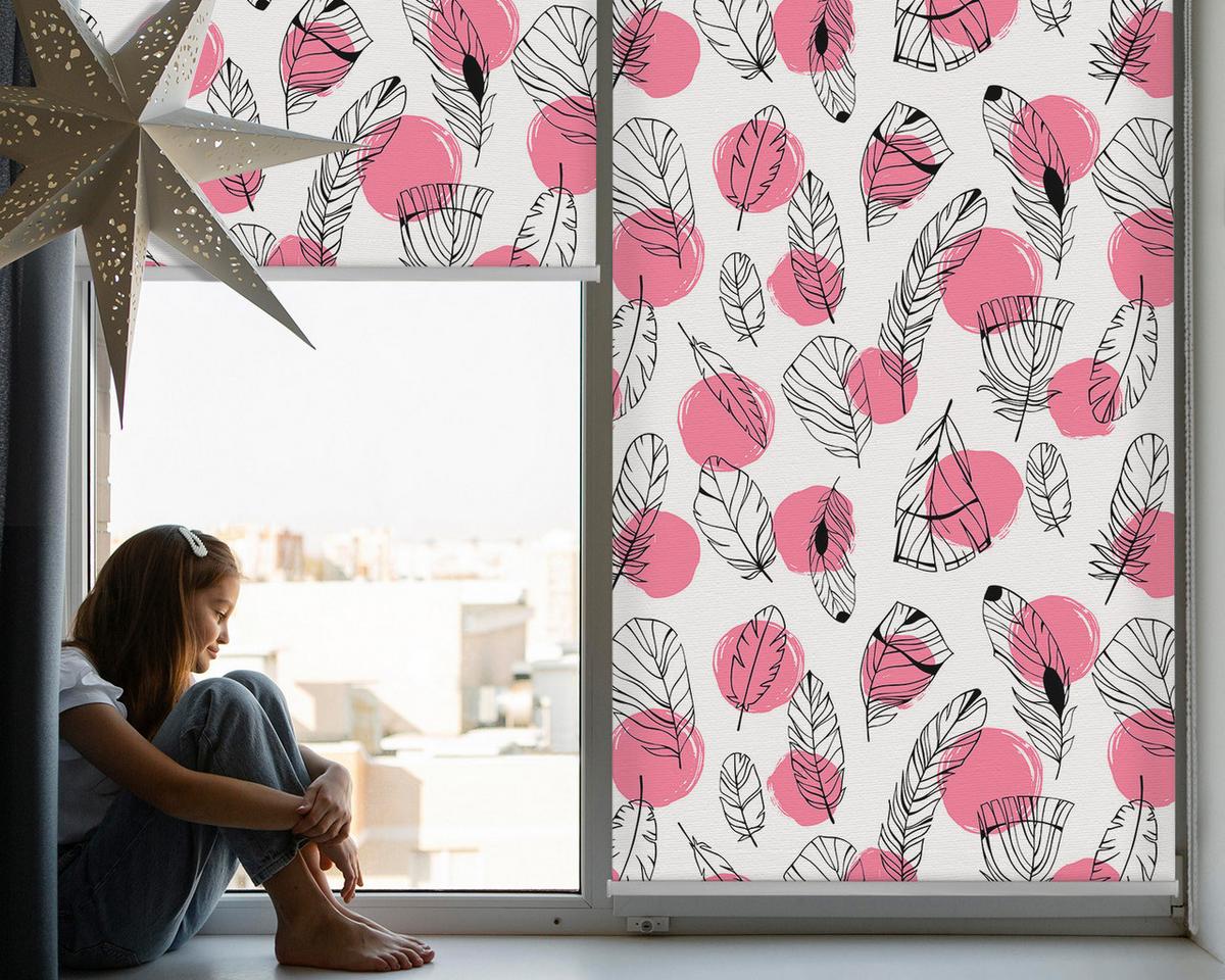 INNENROLLO - Fensterrollo - Rollo - 80x140 cm - Federn und rosa Punkte - Pink, Kunststoff (80/140/0.5cm) - TULUP