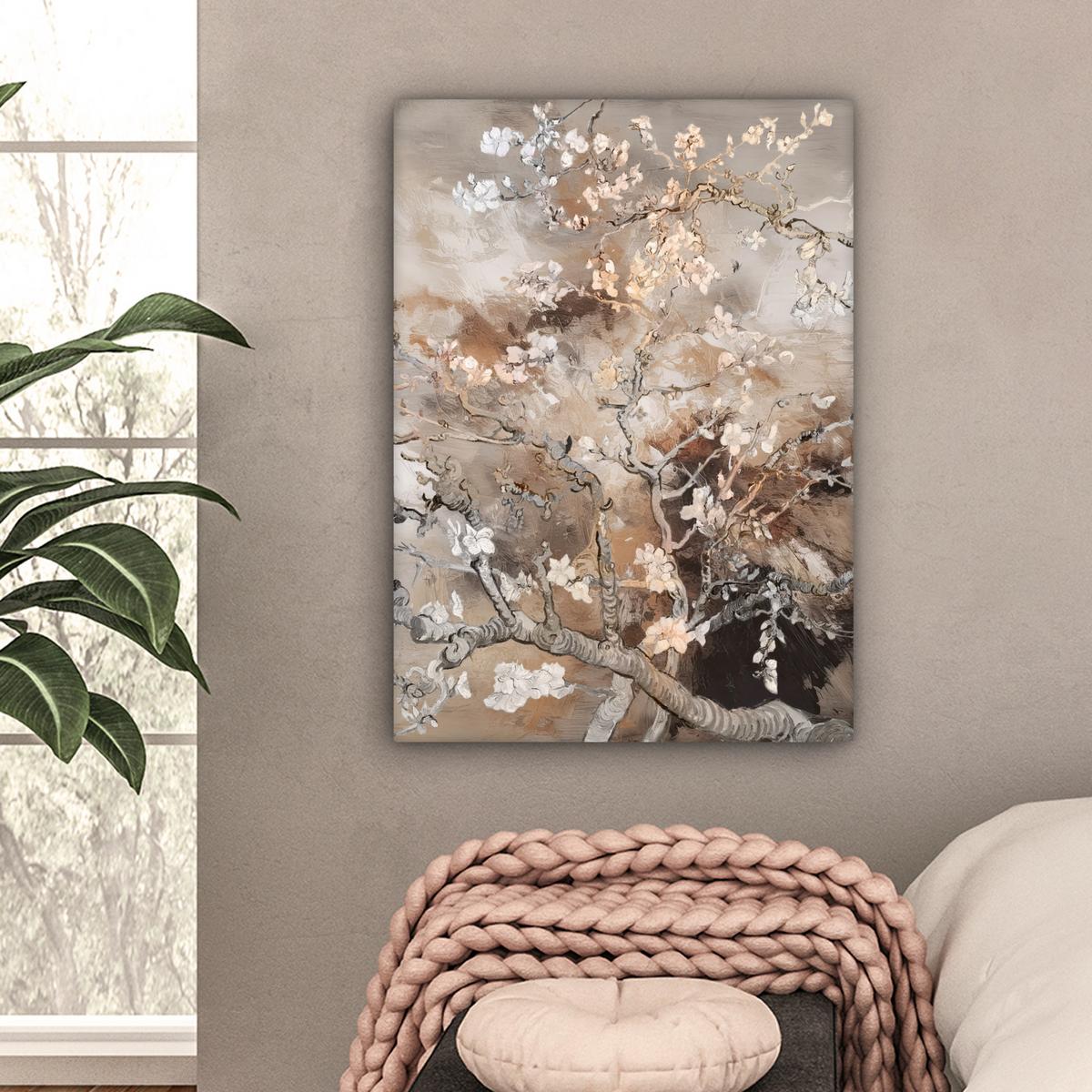 LEINWANDBILD Mandelblüte - Kunst - Van Gogh - Beige - Abstrakt Wandbild Wohnzimmer 60x80 cm - Braun, Textil (60/80cm) - MuchoWow
