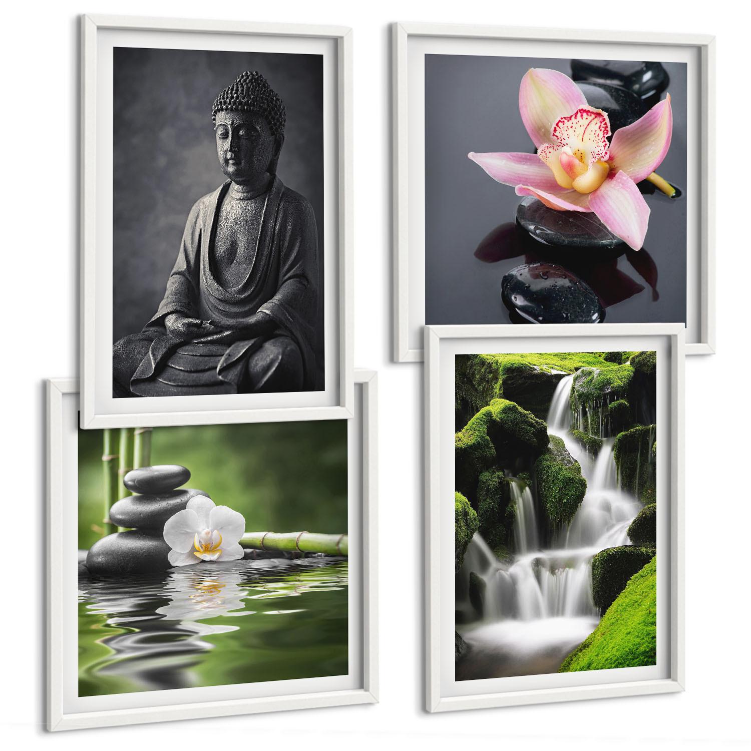 BILDER SET 4er Set - 50x50 cm & 40x60 cm Weißer Rahmen - Zen-Gemälde, Wassersteine, Buddha - Weiß, Kunststoff (50/50cm) - TULUP