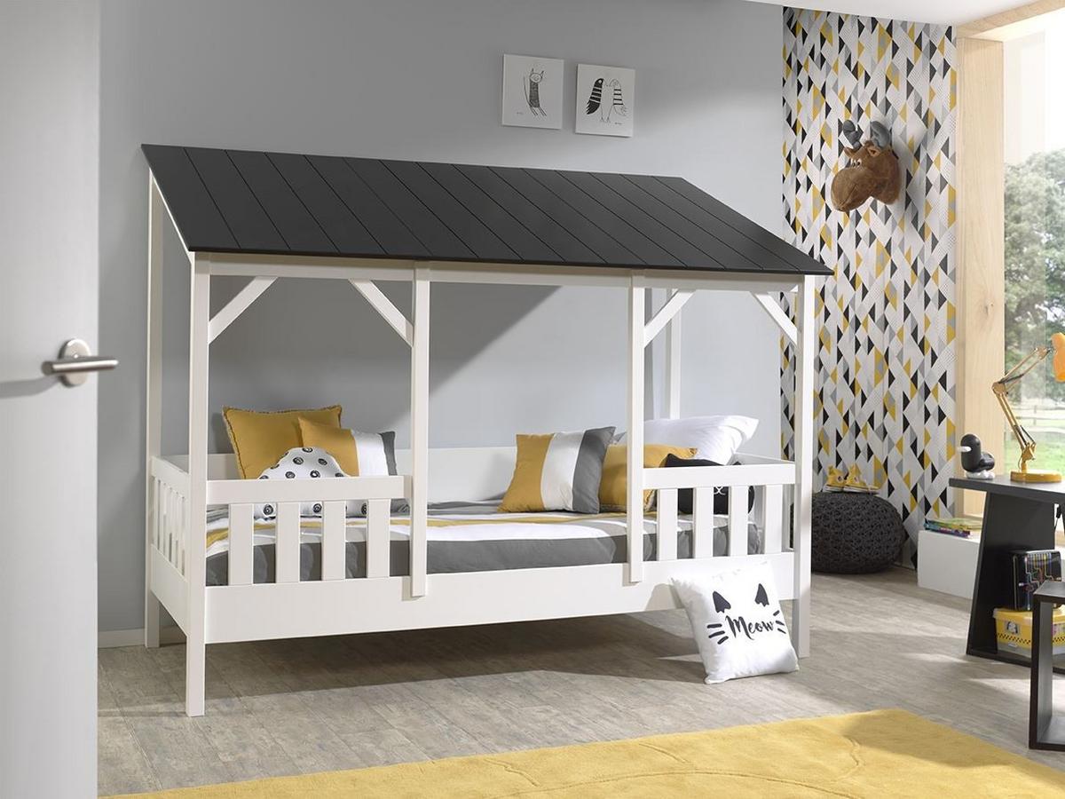 HAUSBETT Katiya 214x174x105 aus Massivholz+MDF in Weiß/Schwarz - Schwarz, Holz (90/200cm) - 58aufmkessel