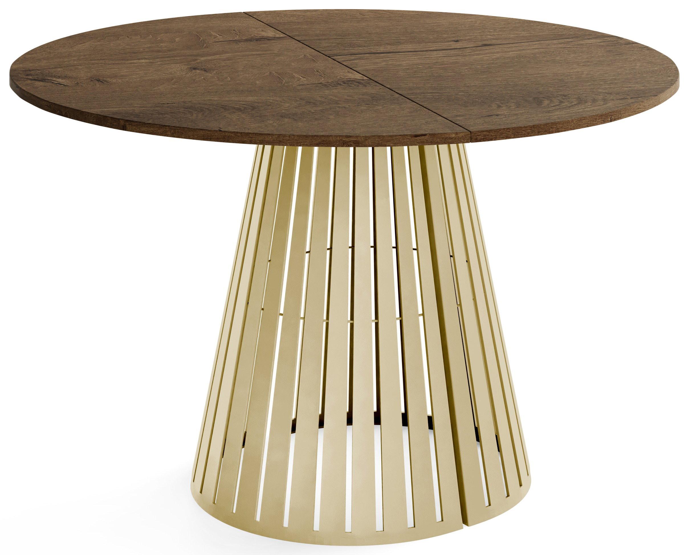 ESSTISCH Naro rund ausziehbar mit Goldenem Lamellen-Metallgestell, Braun 120-200/120/76 cm - Alteiche/Goldfarben, Holzwerkstoff/Metall (120/196/76cm) - WFL GROUP