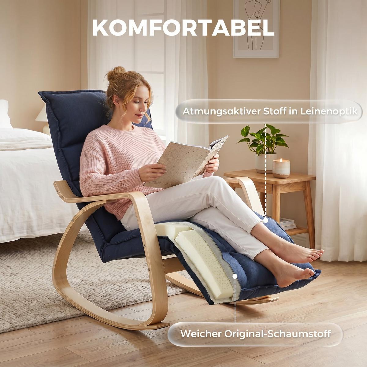 SCHAUKELSTUHL Stoff in Leinenoptik 100 Polyester Dunkelblau - Dunkelblau/Naturfarben, Holzwerkstoff/Textil (67/92/106cm) - HOMCOM