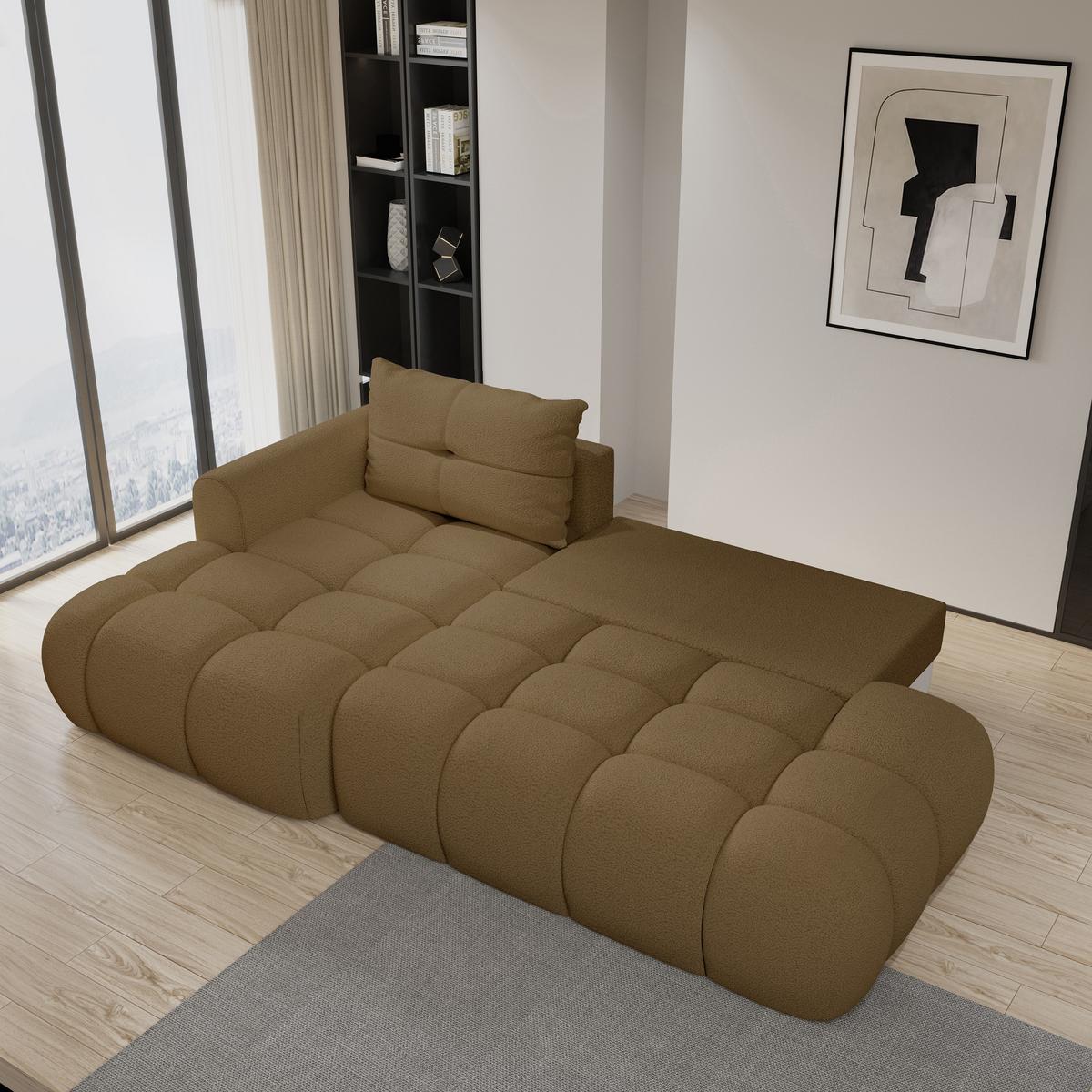 ECKSOFA FLUMA L-S Orange Boucle-Stoff mit Schlaffunktion - Orange, Holz (279/158cm) - MASSENO