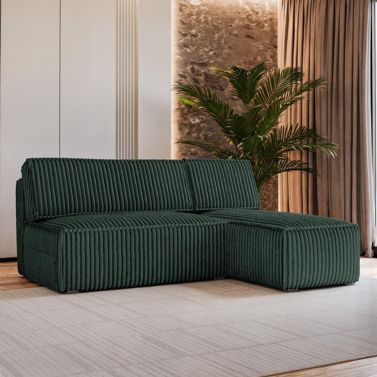 ECKSOFA BRISO T Grün Kordstoff mit Schlaffunktion - Grau/Grün, Holz/Kunststoff (200/140cm) - MASSENO