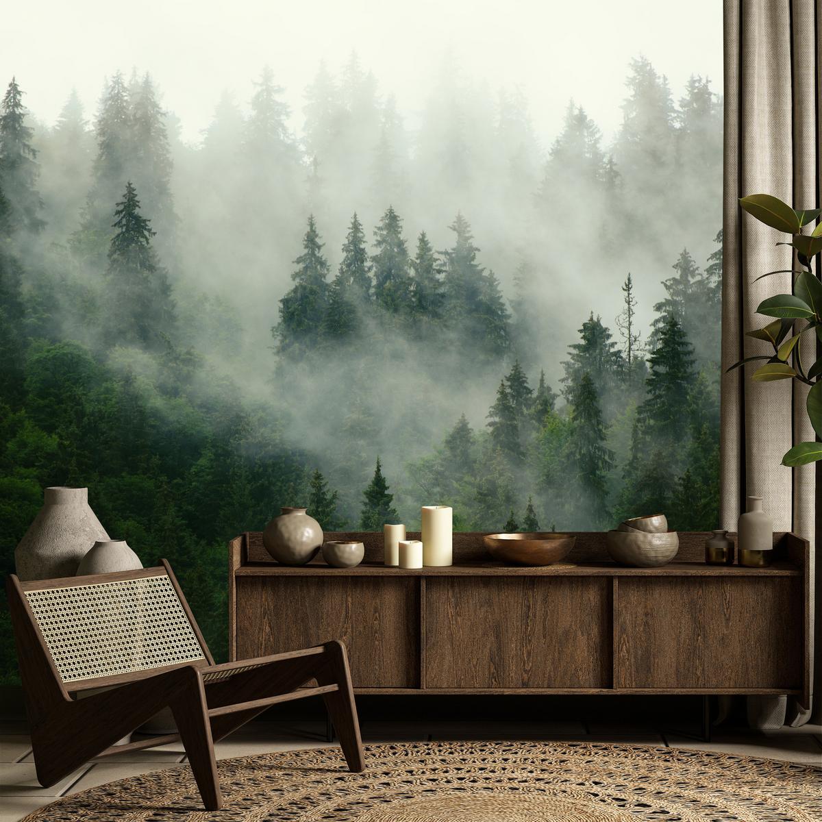 FOTOTAPETE Wald im Nebel Natur Landschaft 3D 200x140 - Grau/Grün, Papier (200/140cm) - Muralo