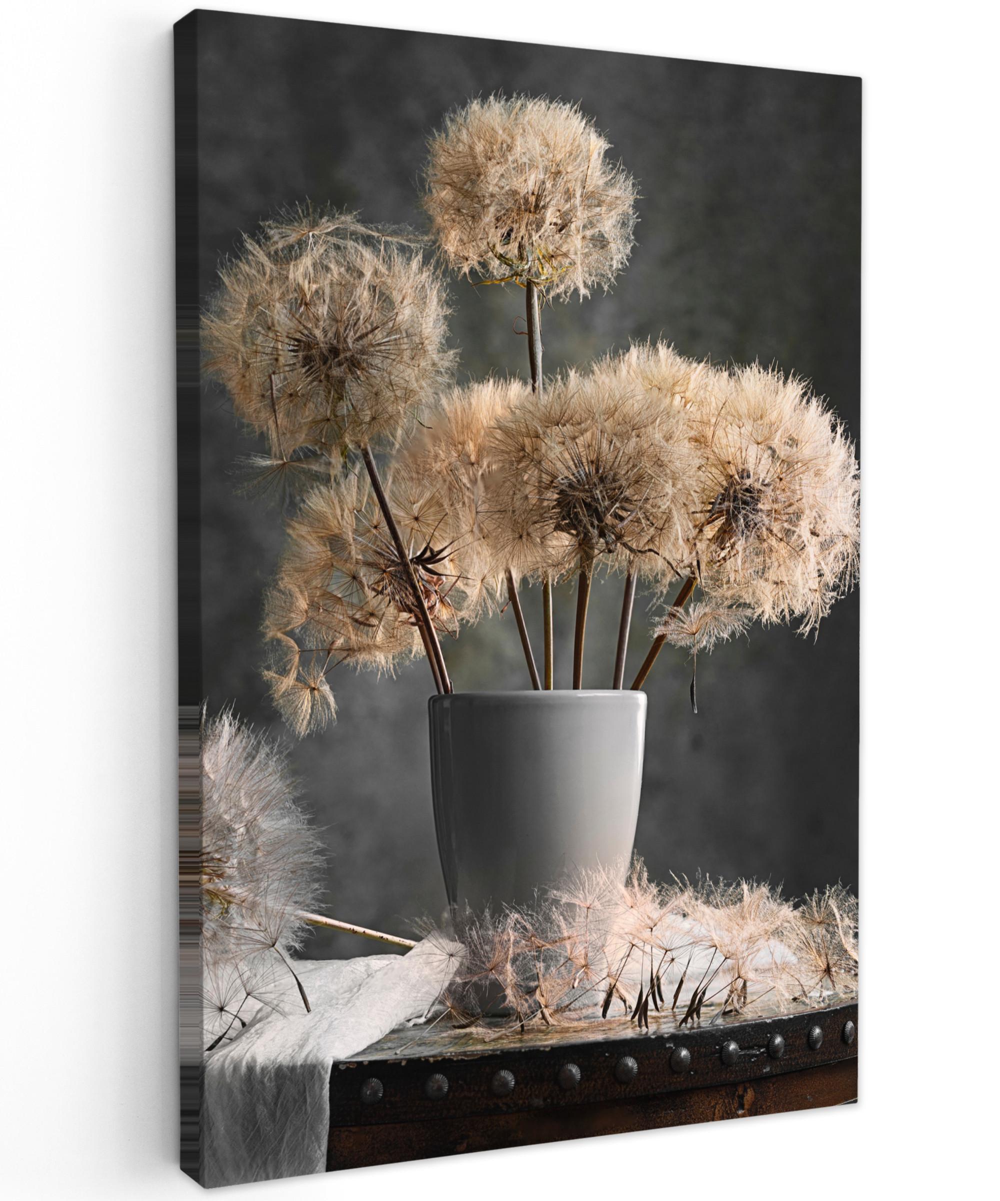 LEINWANDBILD Blumensamen - Löwenzahn - Vase - Stilleben - Blumenstrauß Deko Groß 90x140 cm - Dunkelgrau, Textil (90/140cm) - MuchoWow