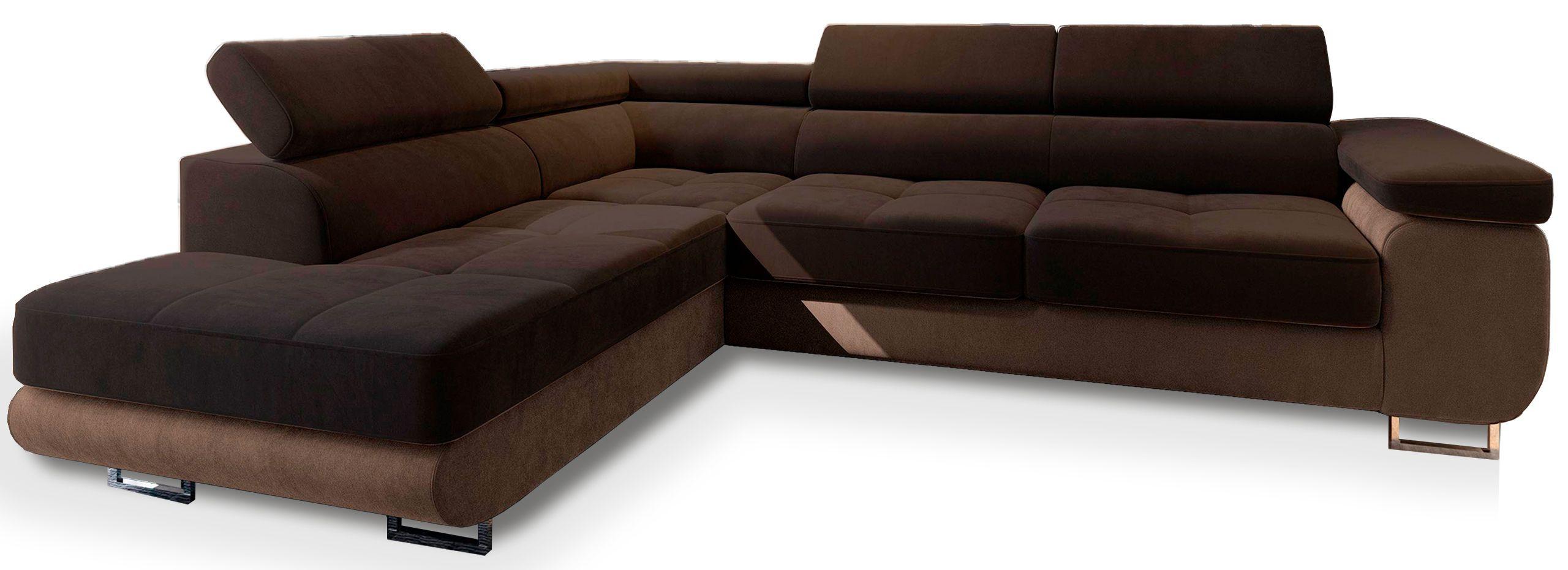 ECKSOFA SELVA L-S Braun Velours-Stoff mit Schlaffunktion - Silberfarben/Braun, Holz/Holzwerkstoff (275/202cm) - MASSENO