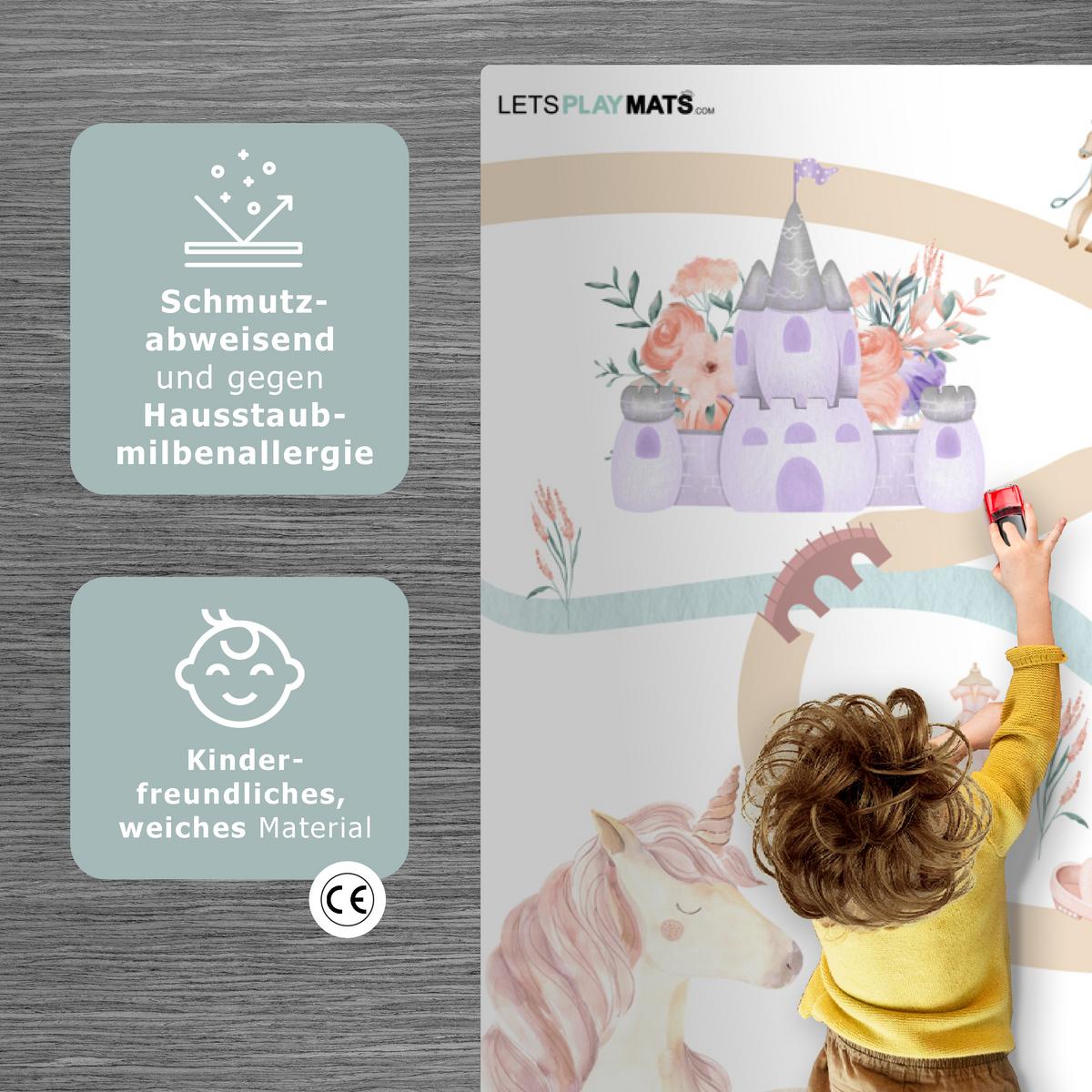 KINDERTEPPICH Prinzessin - Schloss - Blumen - Einhorn - Mädchen Spielteppich 180x120 cm - Weiß, Kunststoff (180/0.3cm) - OnlyWow
