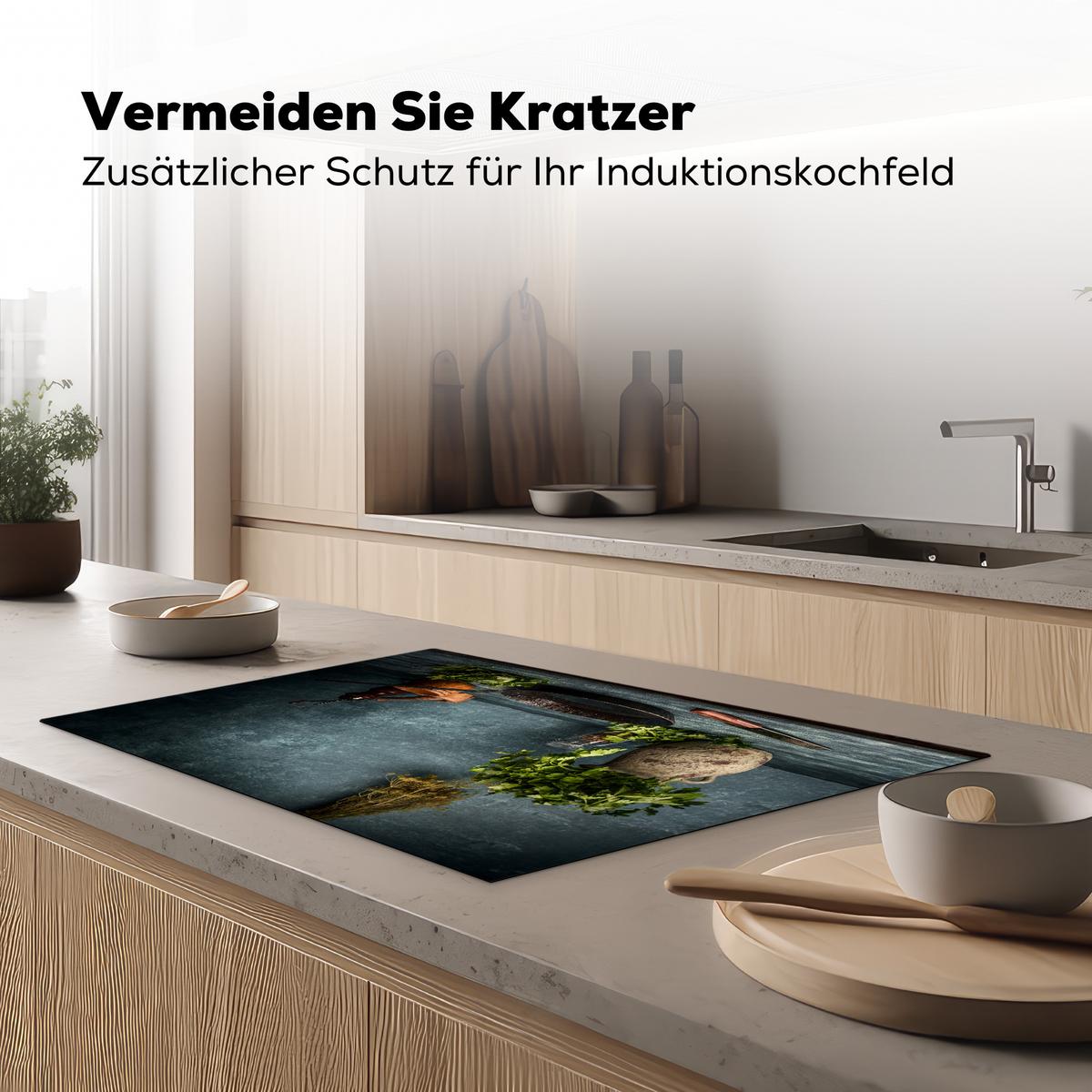 HERDABDECKPLATTE Kräuter - Gewürze - Pfanne - Messer - Grau - Rustikal Abdeckung Ceranfeld 81.2x52 cm - Petrol, Kunststoff (81.2/52/0.2cm) - MuchoWow