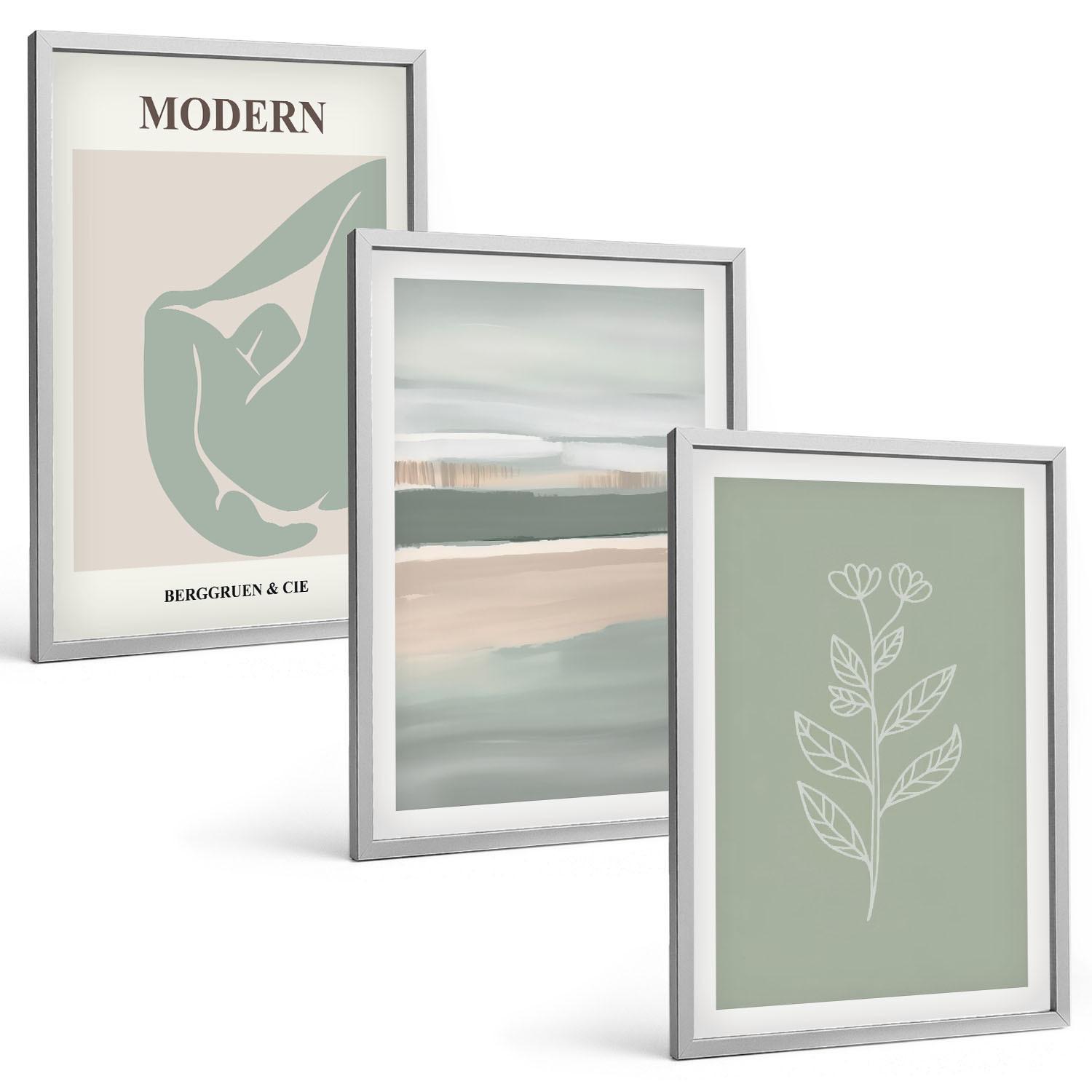 BILDER SET 3er Set - 40x60 cm Silberner Rahmen - Abstrakte pastellfarbene Pflanzenformen - Silberfarben, Kunststoff (40/60cm) - TULUP