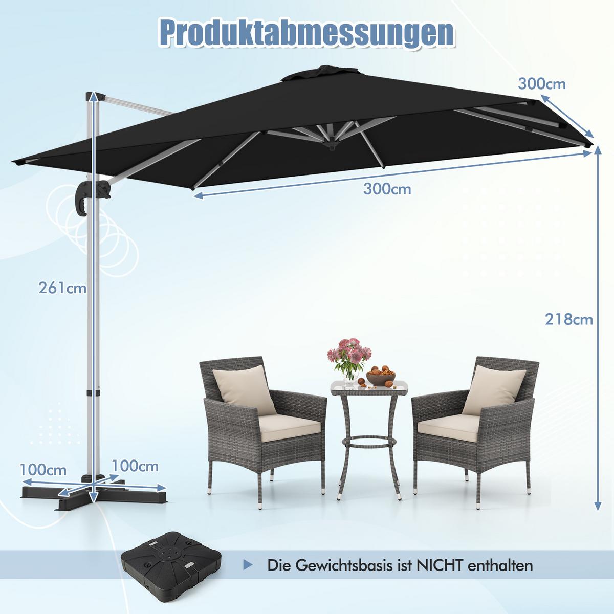 AMPELSCHIRM 300cm Schwarz - Schwarz, Metall (300/300cm) - COSTWAY