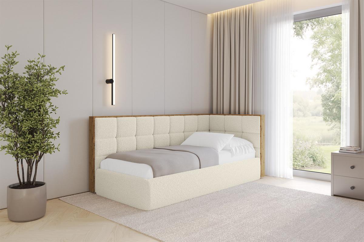 EINZELLBETT Jugendbett mit Bettkasten und Matratze H3/H4, Links - SOVY 80x200 Beige - Champagner, Holzwerkstoff/Textil (80/200cm) - ALTDECOR