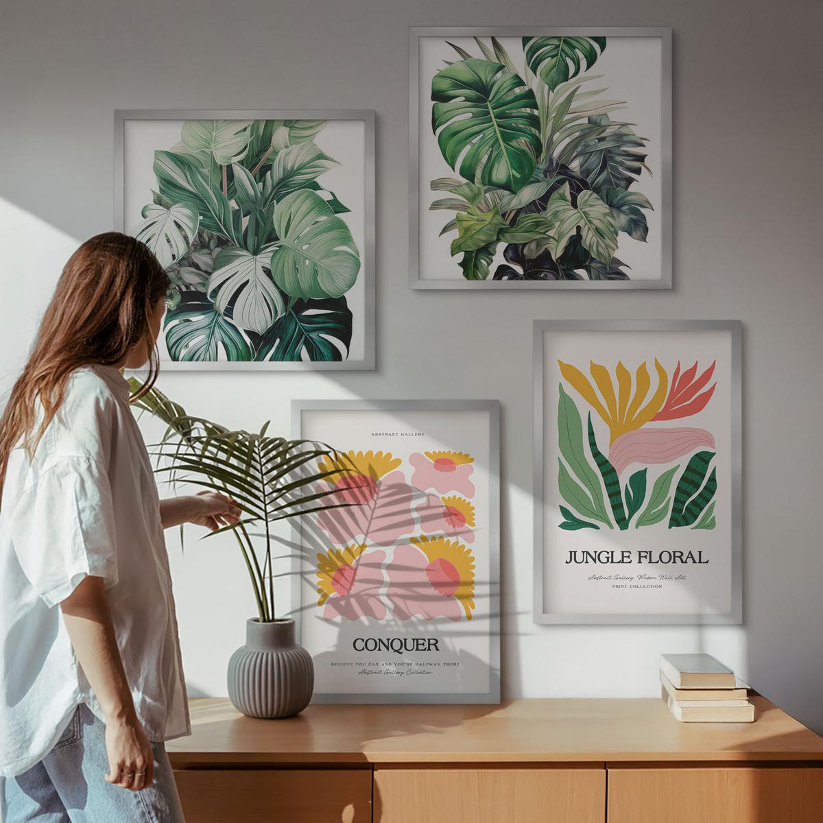 BILDER SET 4er Set - 50x50 cm & 40x60 cm Silberner Rahmen - Blumen und Blätter – moderne Poster - Silberfarben, Kunststoff (50/50cm) - TULUP