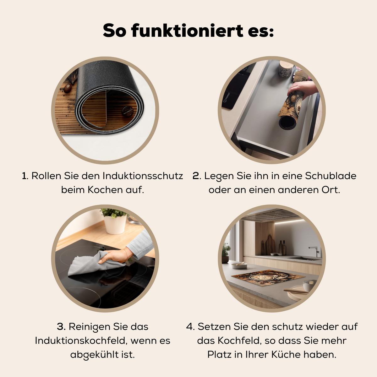 HERDABDECKPLATTE Kaffee - Vintage - Braun - Tasse - Holz Herdabdeckung Induktionsfeld 60x52 cm - Cappuccino, Kunststoff (60/52/0.2cm) - MuchoWow