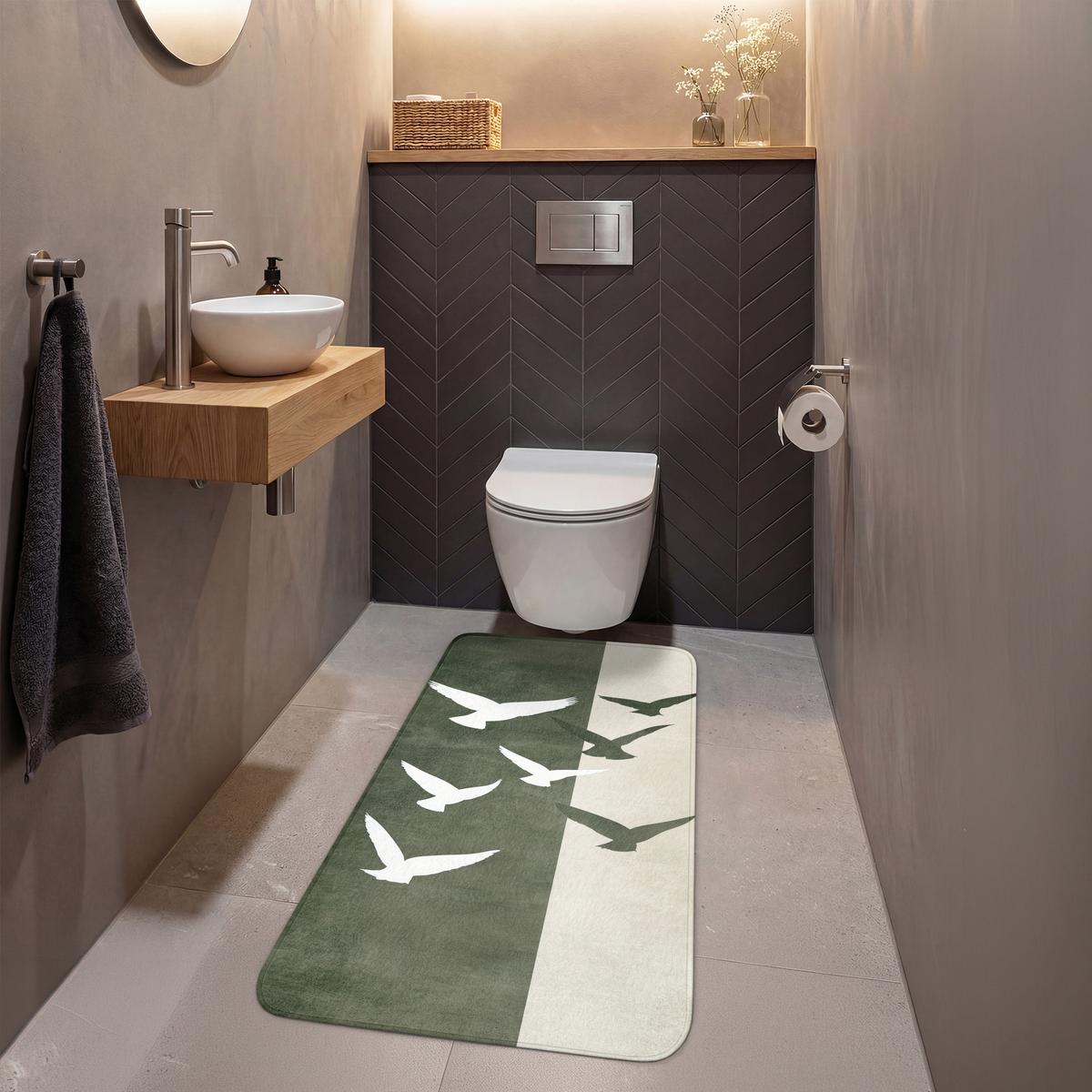 WC-VORLEGER Japandi - Vogel - Grün Toilettenvorleger 60x120 cm - Olivgrün, Textil (60/1cm) - OnlyWow