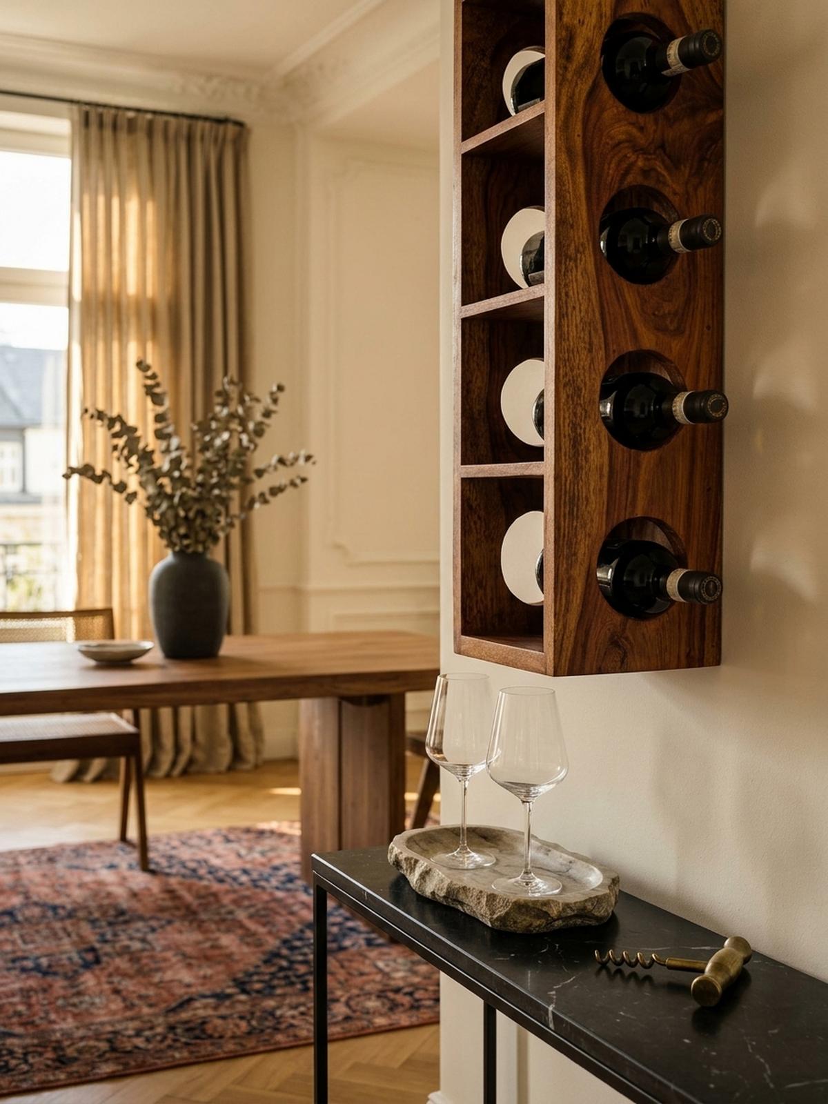 WEINREGAL Massivholz mit 5 Fächern Wandmontage Edelholz-Optik, Braun 15x15x70 cm - Braun, Holz (15/70/15cm) - KADIMA DESIGN