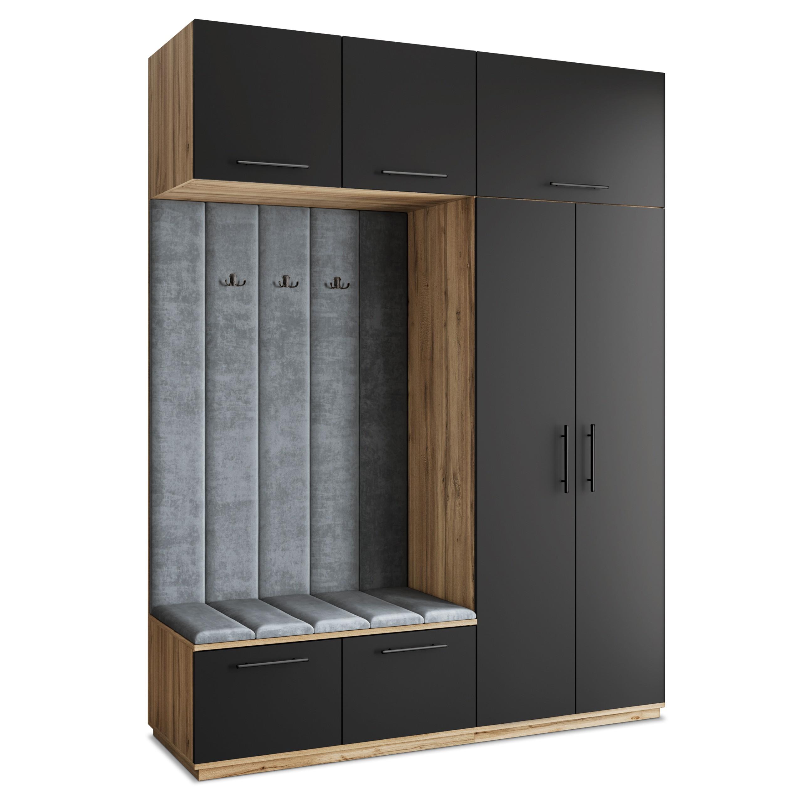 GARDEROBENSCHRANK REMA 180/240/60 cm Modern Garderobe-Set Eiche Wotan - Eiche Wotan/Schwarz, Holzwerkstoff (180/240/60cm) - MASSENO
