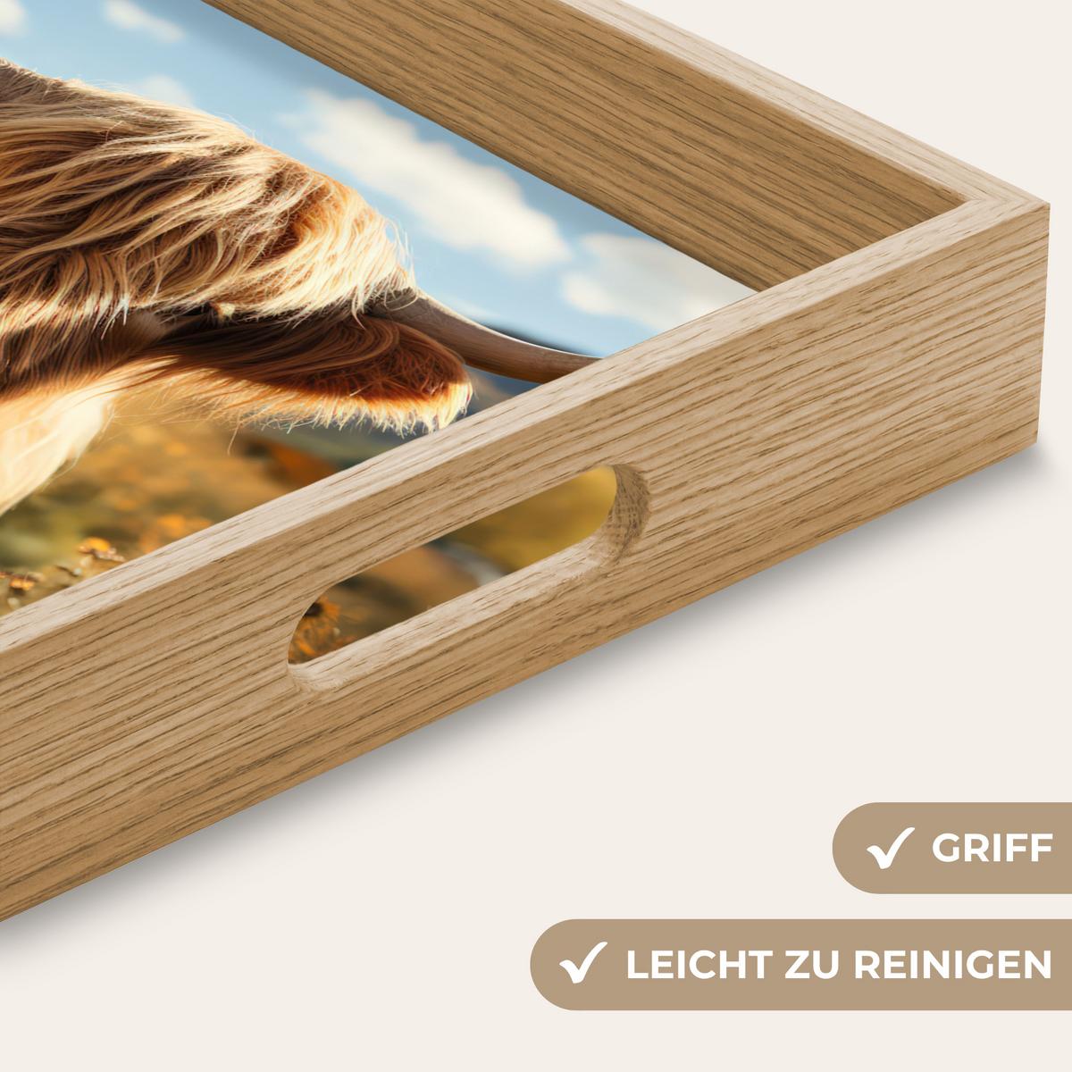 TABLETT Schottische Highlander - Blumen - Hörner - Wolken 40x30 cm - Braun, Holz (40/5/5cm) - OnlyWow