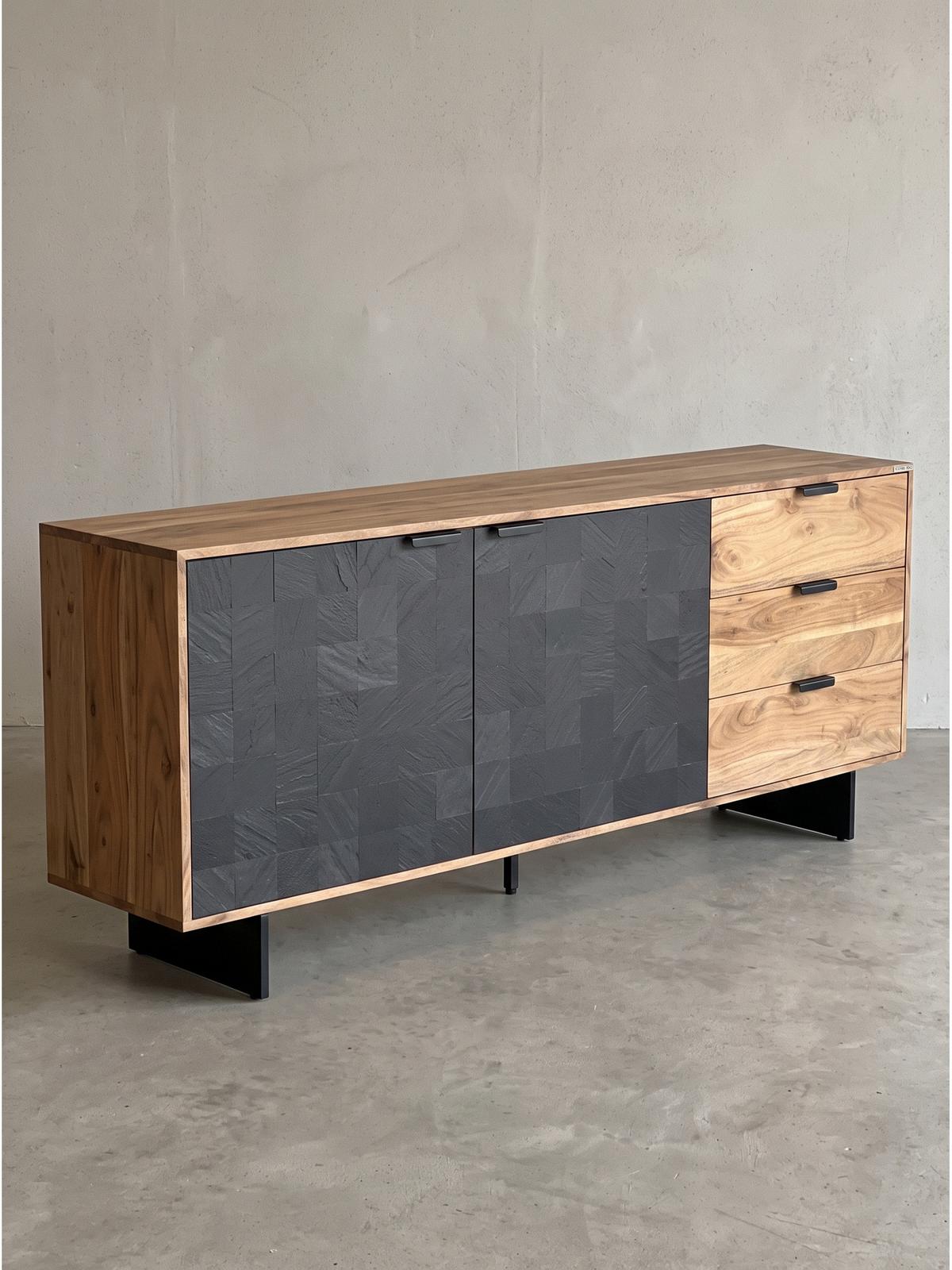 KOMMODE MONTEFALCO, Akazie Massivholz, Akazie-Schwarz, 175 x 40 x 76 cm - Schwarz/Akaziefarben, Holz/Metall (175/76/40cm) - KADIMA DESIGN