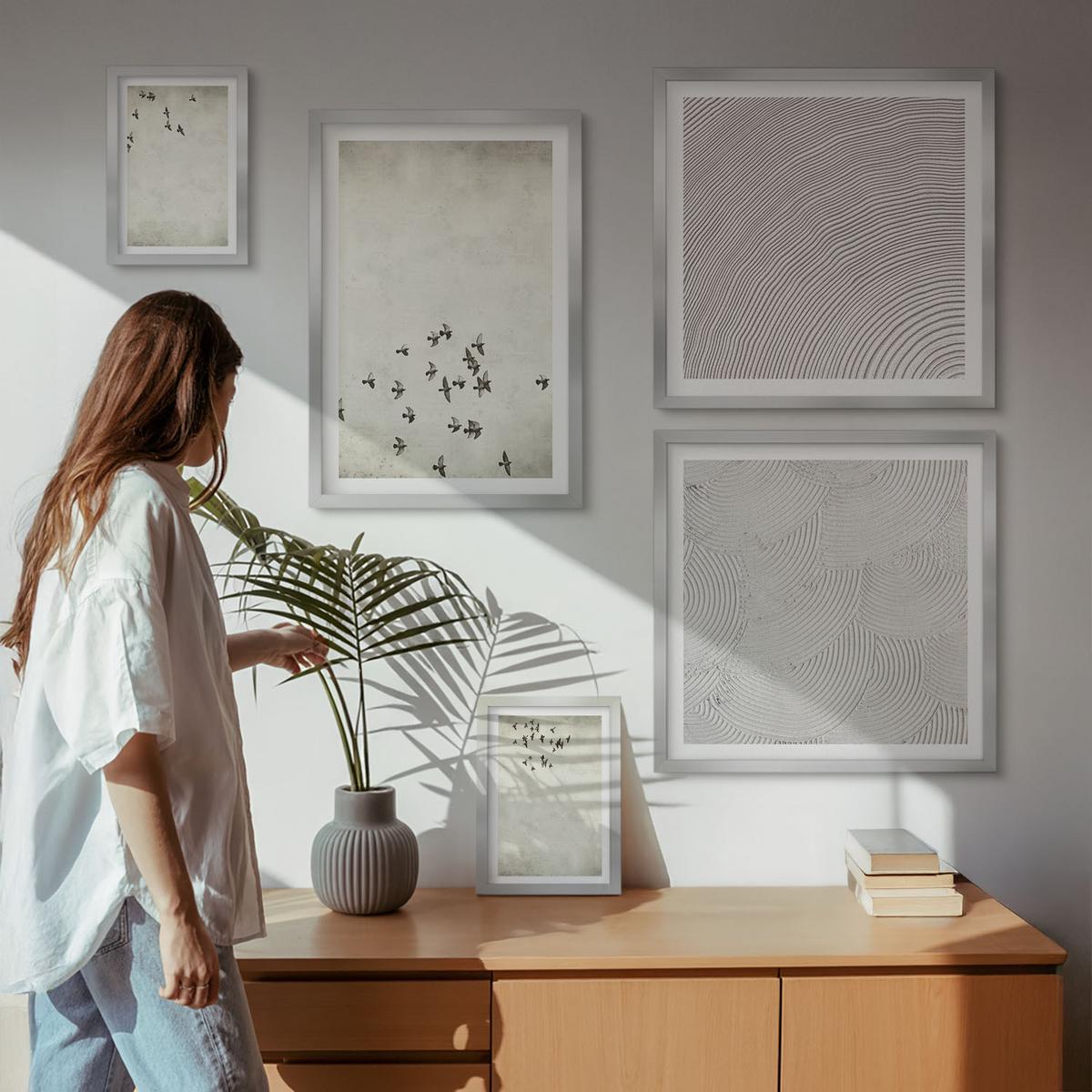 BILDER SET 5er Set - 50x50 cm & 20x30 cm & 40x60 cm Silberner Rahmen - Minimalistische Vogelmalerei - Silberfarben, Kunststoff (40/60cm) - TULUP