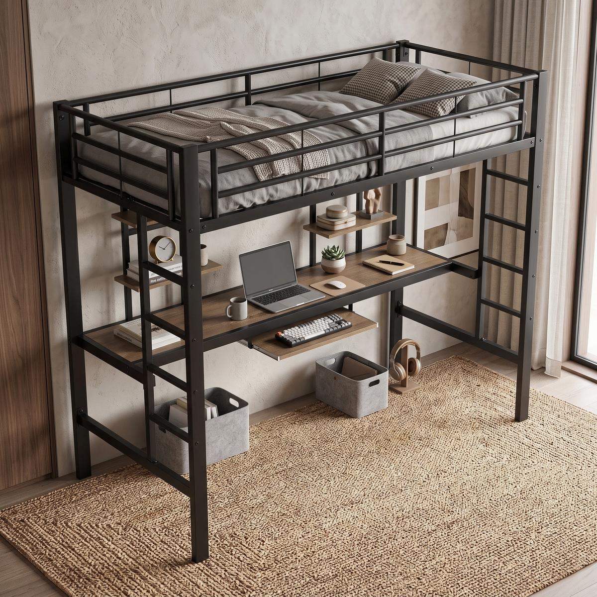 HOCHBETT metall schwarz 90x200cm mit schreibtisch regalen - Schwarz, Metall (90/200cm) - Urban Meuble