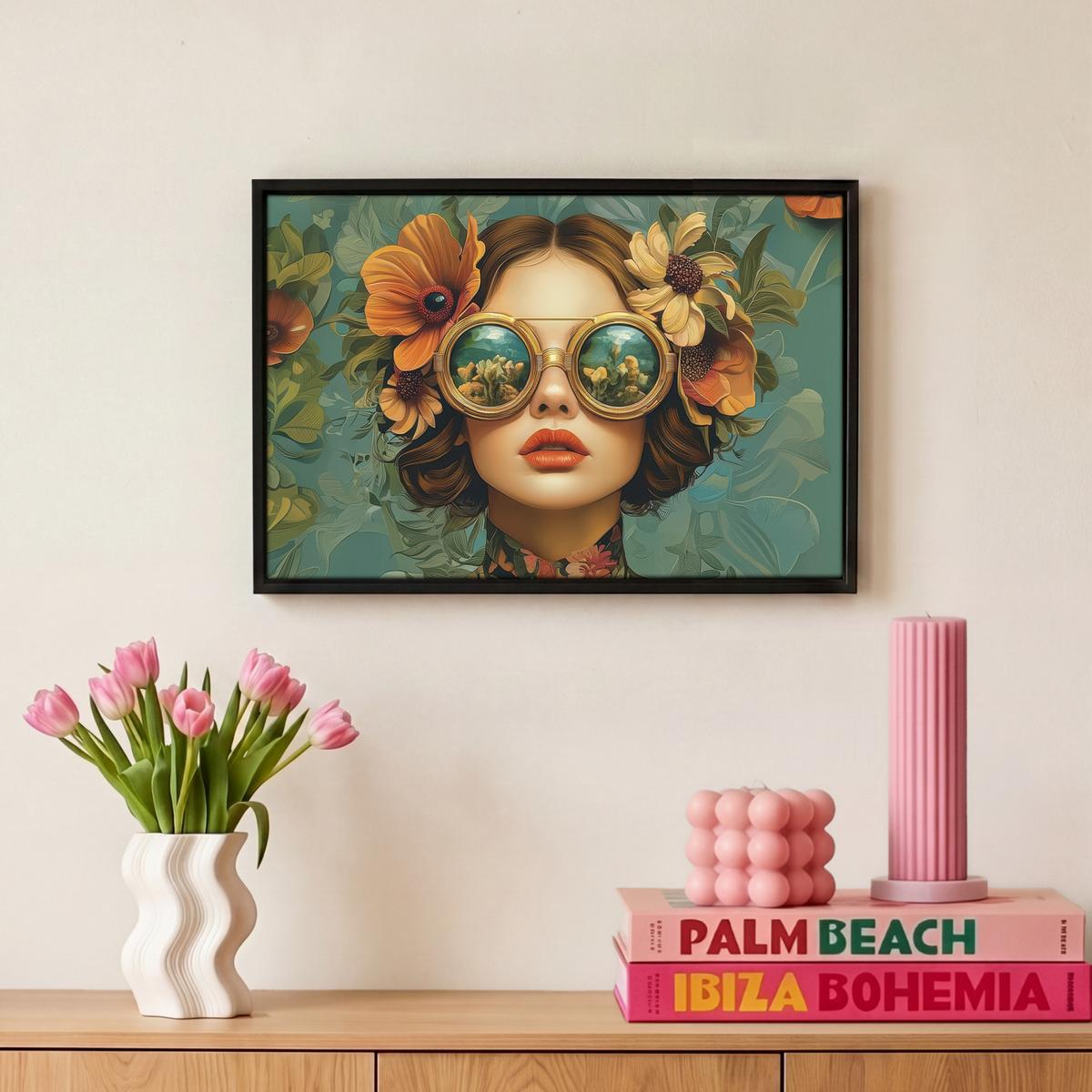LEINWAND Bilder mit Rahmen - Frau - Blumen - Schmetterlinge - Natur - Vintage - 30x20 - Salbeigrün, Textil (30/20cm) - MuchoWow