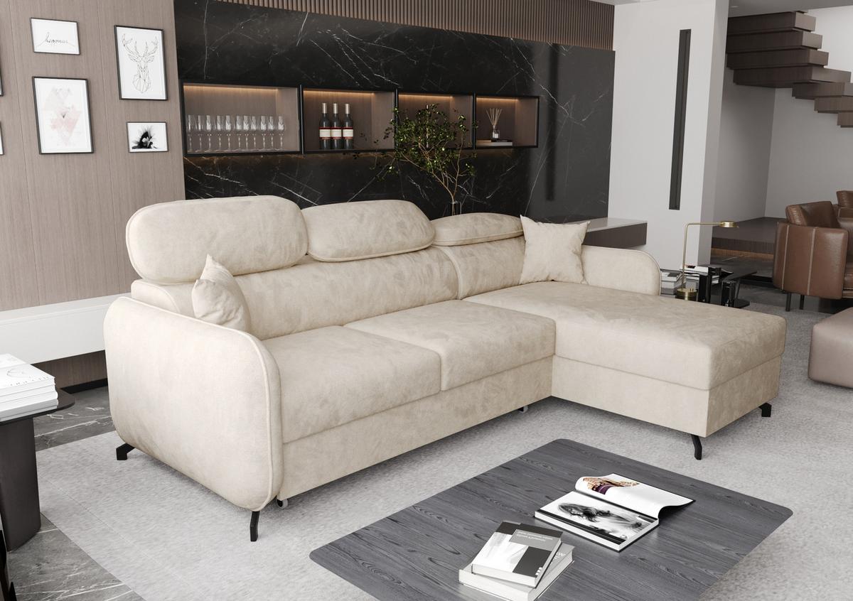 ECKSOFA L Form Ribella 5 Creme 265/180/100 cm Rechts mit Schlaffunktion - Beige/Schwarz, Textil/Metall (265/180cm) - AX Living