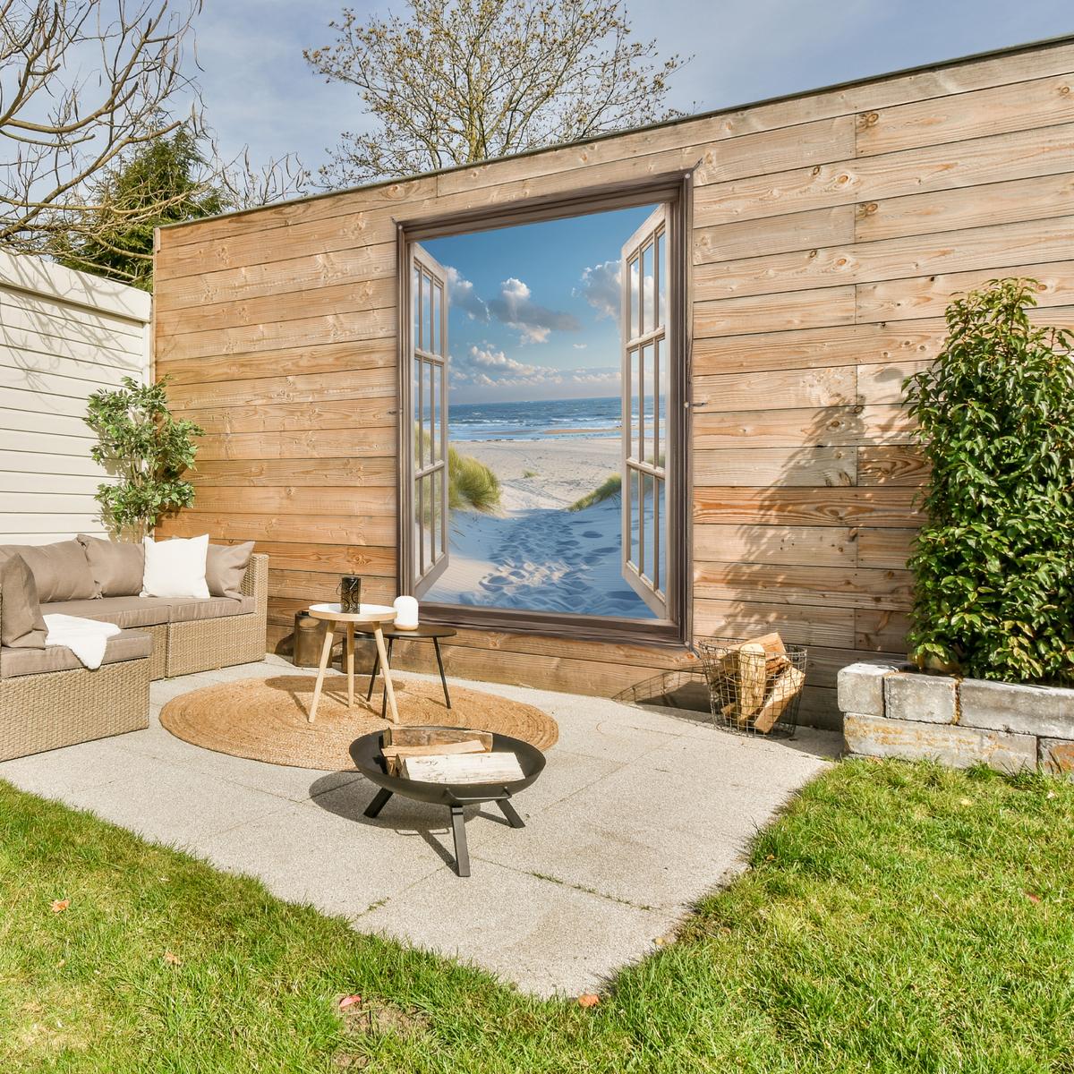 GARTENPOSTER Aussicht - Strand - Fenster - Dünen - Meer Gartendekoration 120x160 cm - Hellblau, Kunststoff (120/160/0.2cm) - OnlyWow