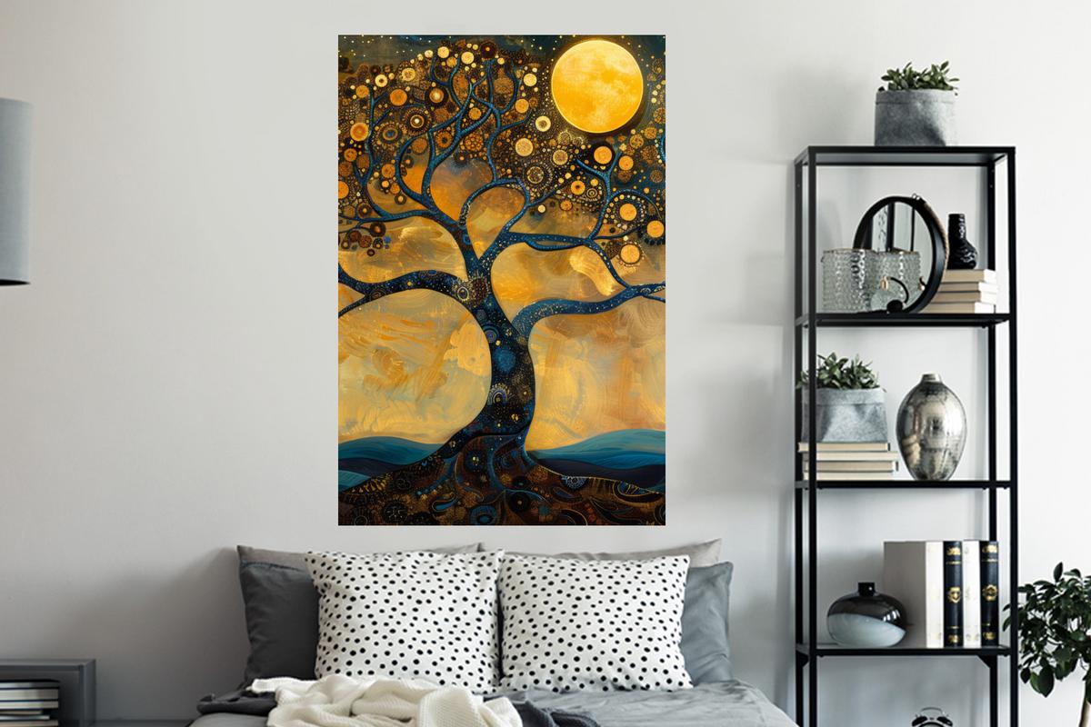 WANDTATTOO Baum - Mond - Blumen - Gold - Kunst Wandaufkleber 80x120 cm - Orange, Kunststoff (80/120/0.1cm) - MuchoWow