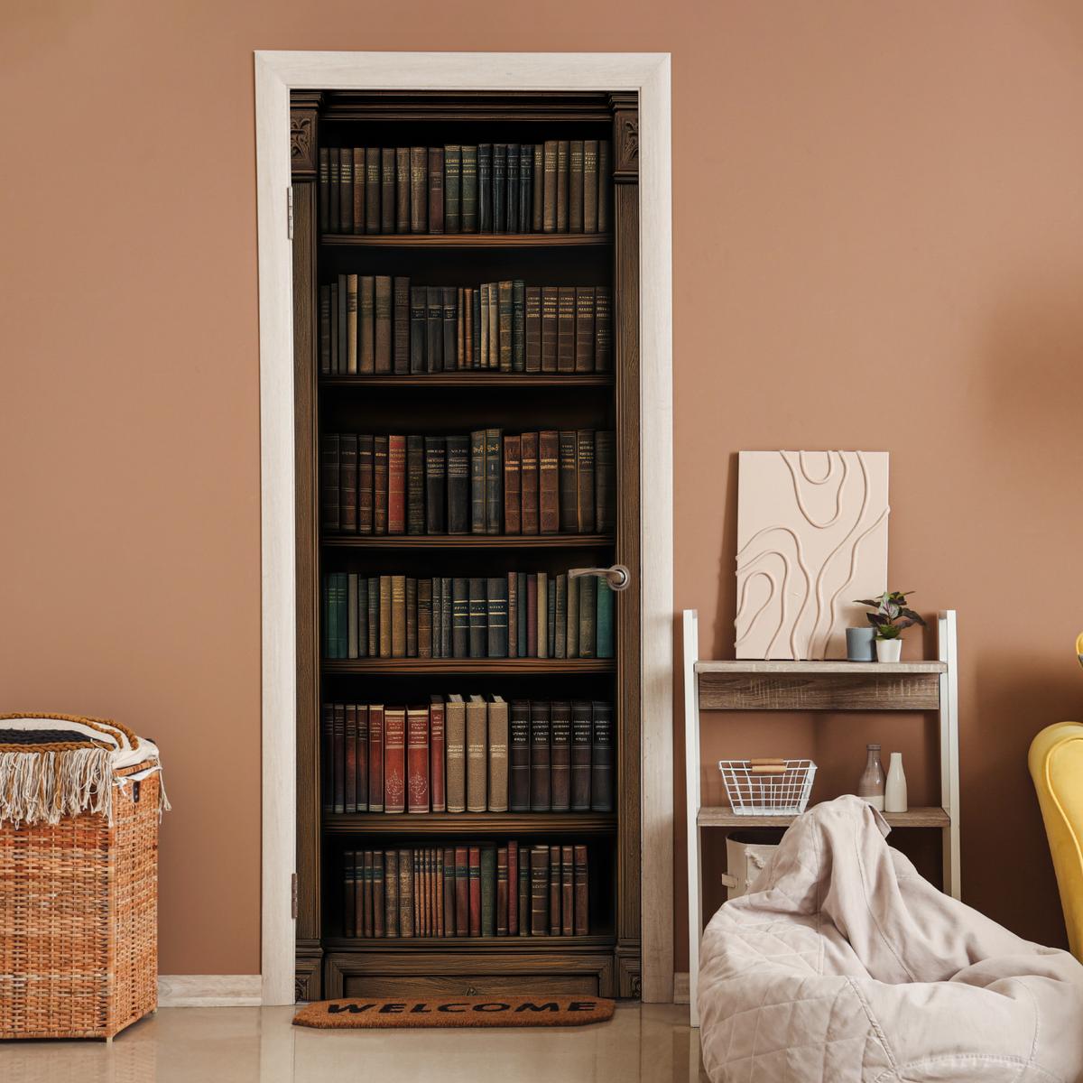 TÜRAUFKLEBER Bücherregal - Vintage - Braun 90x235 cm - Türtapete - Nussbaumfarben, Kunststoff (90/0.1cm) - MuchoWow