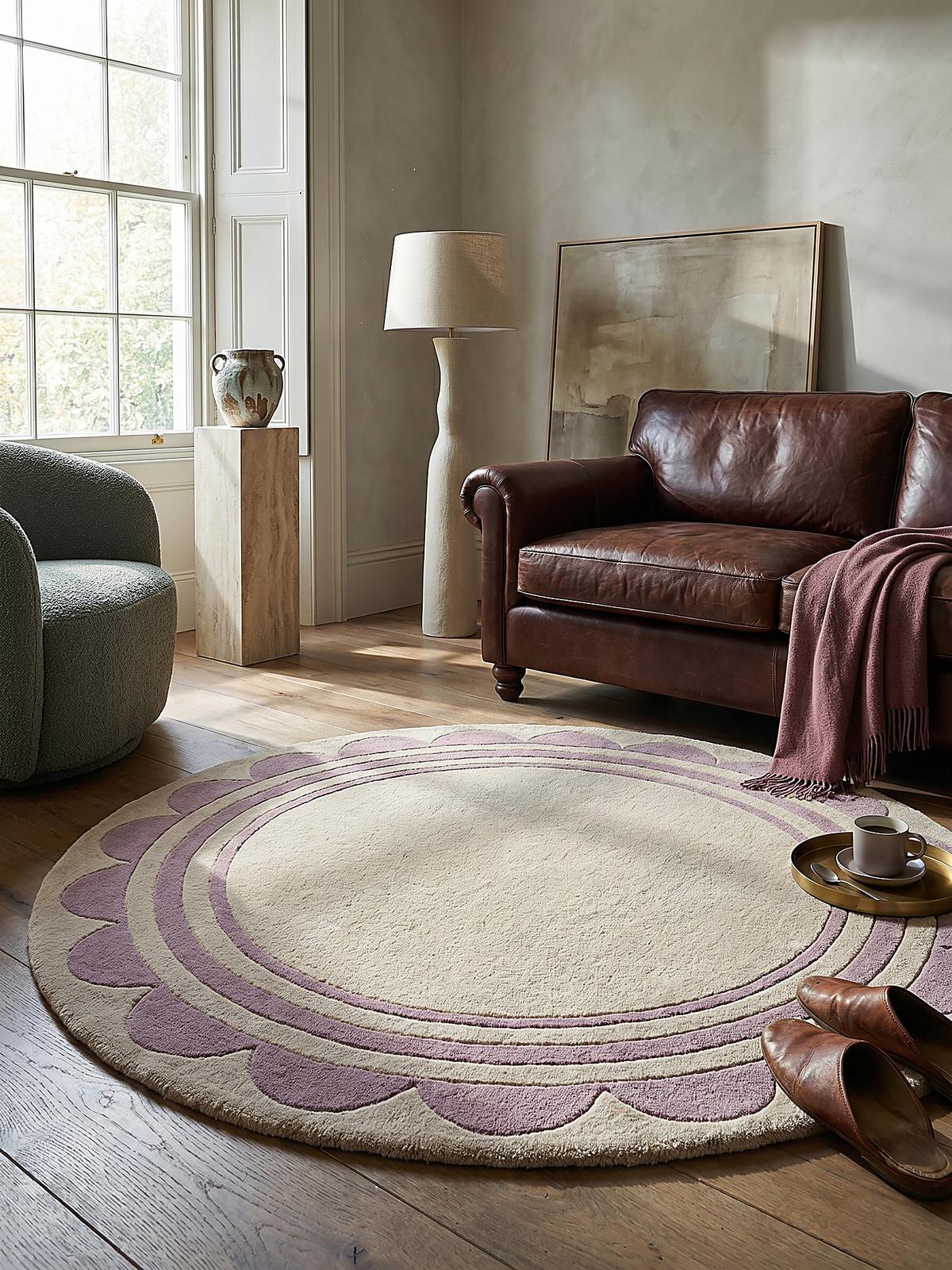 WOLLTEPPICH WENSUM, mit grafischem Muster mit Rahmen, Lila-Beige, Ø 120 cm - Lila, Textil (120/120cm) - KADIMA DESIGN