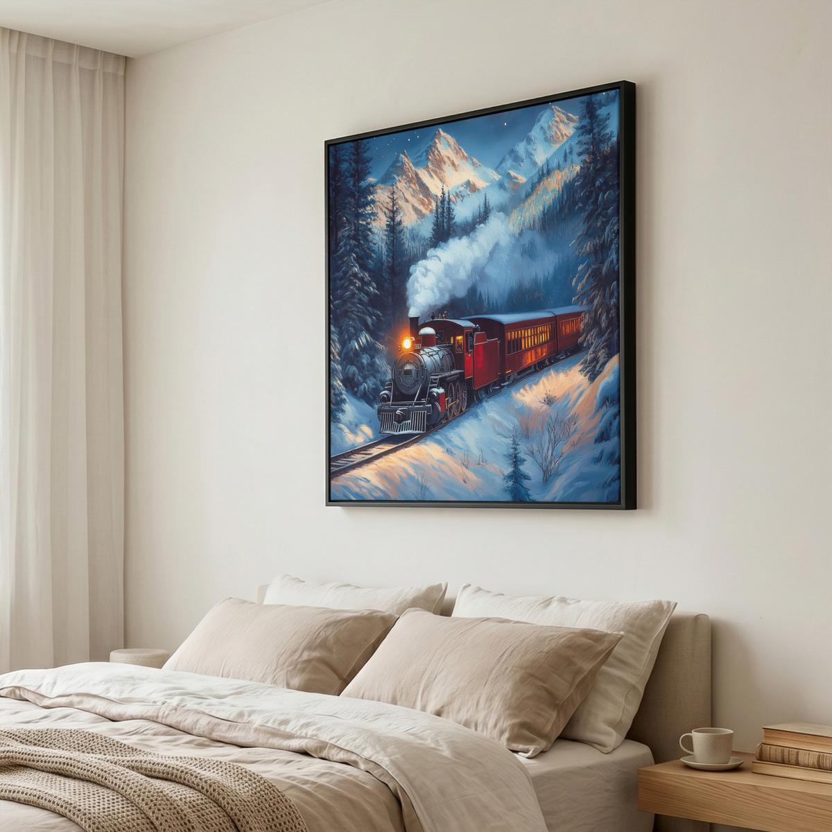 LEINWAND Bilder mit Rahmen - Zug - Weihnachten - Schnee - Weihnachtszug - 90x90 - Anthrazit, Textil (90/90cm) - MuchoWow