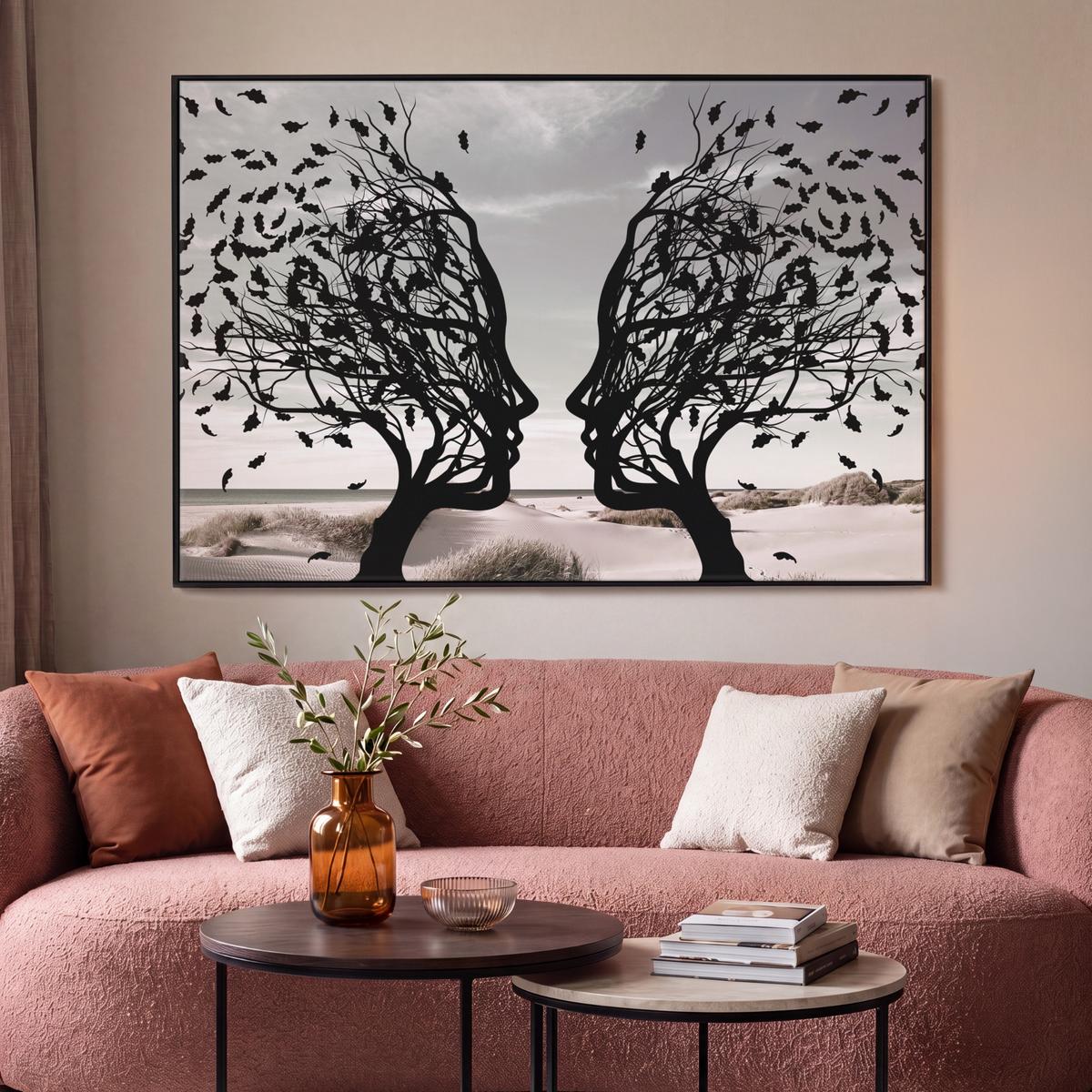 LEINWAND Bilder mit Rahmen - Strand - Meer - Menschen - Baum - Moderne Kunst - 140x90 - Hellgrau, Textil (140/90cm) - MuchoWow