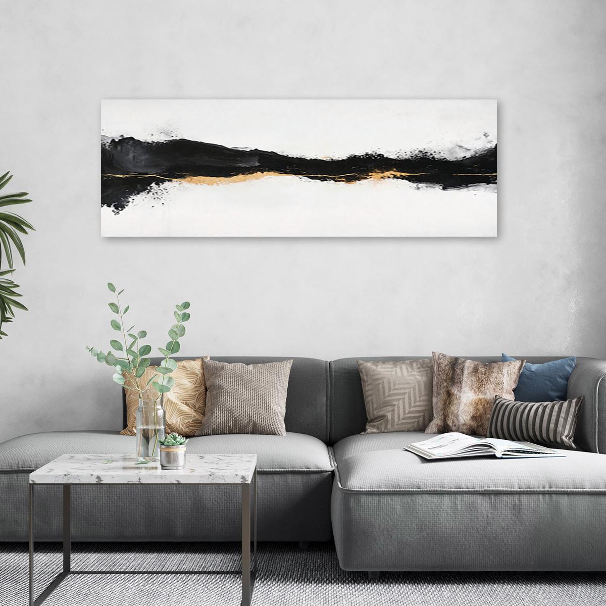 LEINWANDBILD Abstrakt Minimalismus Gold Schwarz 120x40cm - Weiß, Textil (120/40cm) - Feeby