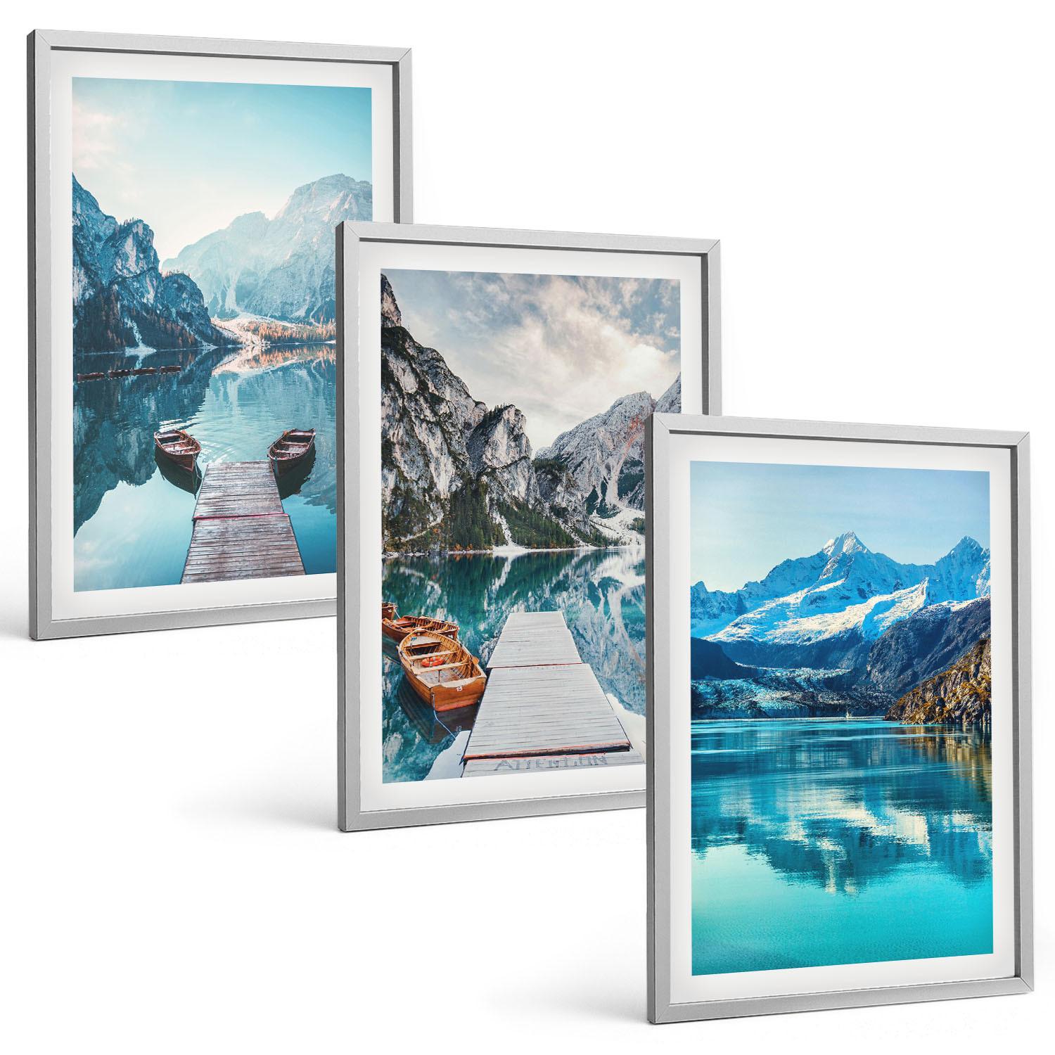 BILDER SET 3er Set - 40x60 cm Silberner Rahmen - Spiegelung der Boote auf Bergseen - Silberfarben, Kunststoff (40/60cm) - TULUP