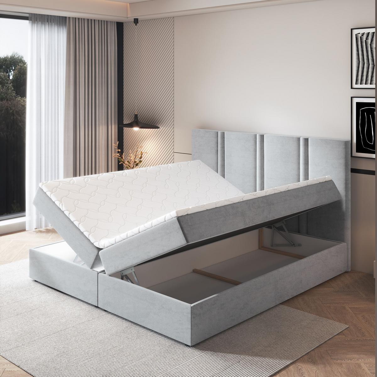 BOXBETT LARIO 140x200 cm mit Matratze und Topper - Hellgrau - Hellgrau, Holz (140/200cm) - MASSENO