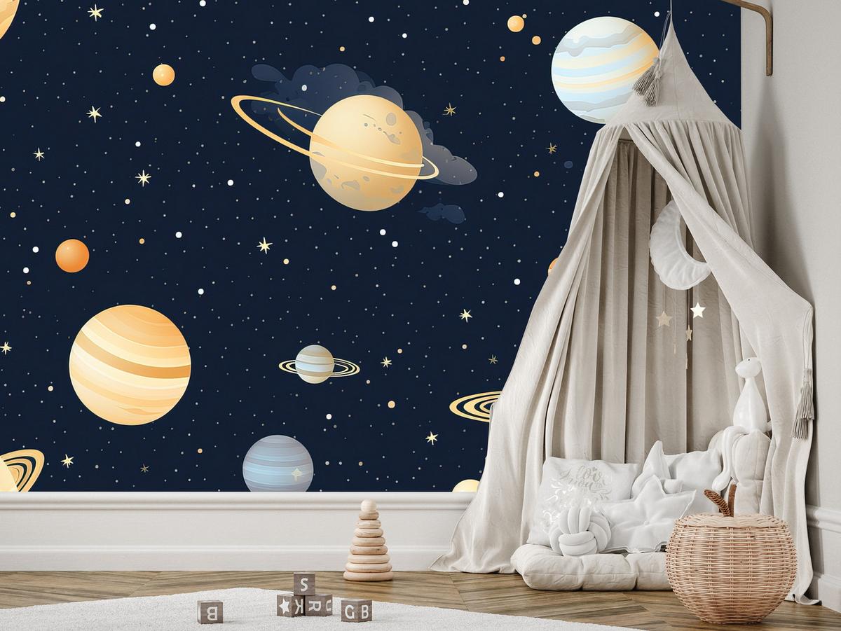 FOTOTAPETE für Kinderzimmer Märchen Galaxie Planeten Sterne 500x350 - Blau/Gelb, Papier (500/350cm) - Muralo