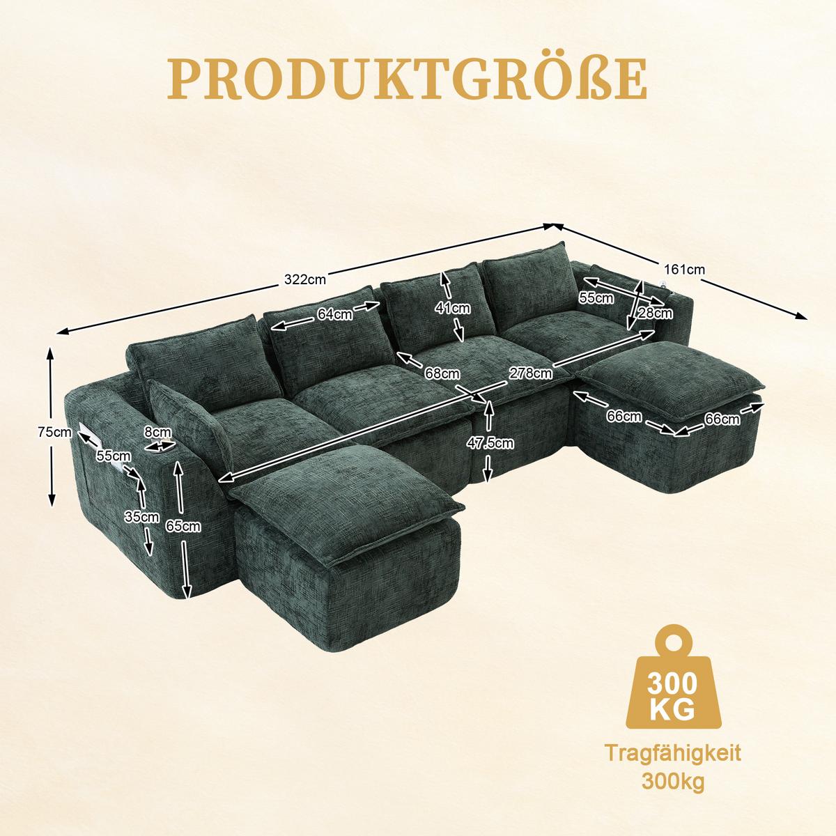 4-SITZER-SOFA aus chenille, modular mit 2 fußhockern und getränkehaltern - Grün, Textil (322/75/161cm) - Urban Meuble