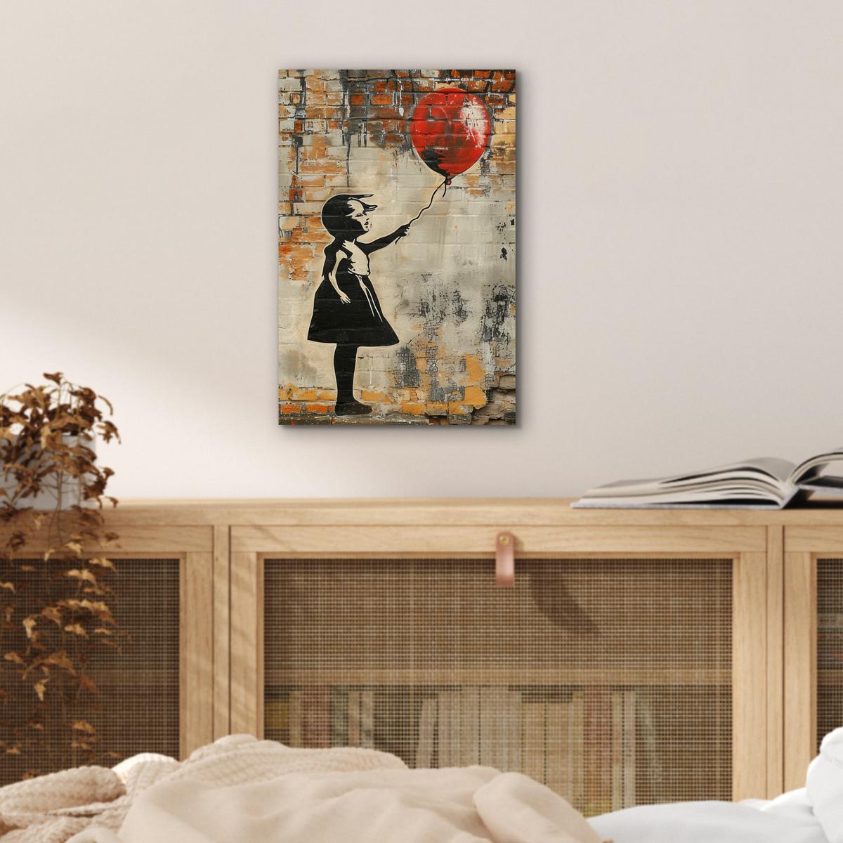 METALLBILD Graffiti - Banksy - Mädchen - Straßenkunst 20x30 cm - Sandfarben, Metall (20/30cm) - MuchoWow