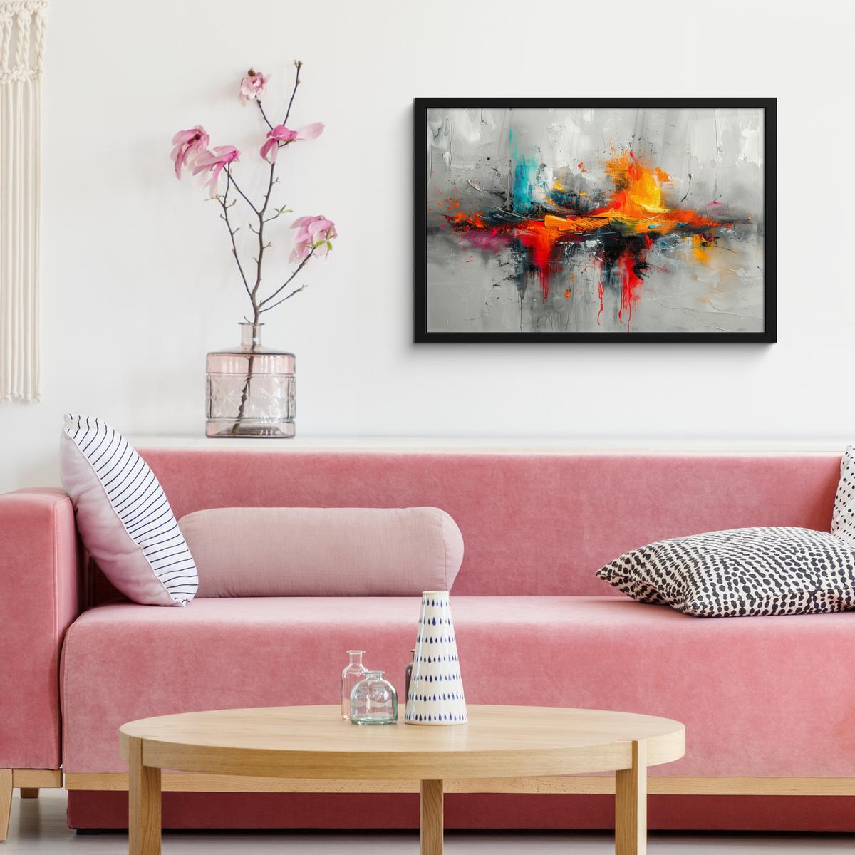 POSTER MIT RAHMENGERAHMTES BILD Moderne Kunst - Orange - Grau - Abstrakt 60x40 cm - Hellgrau, Papier (60/40cm) - MuchoWow