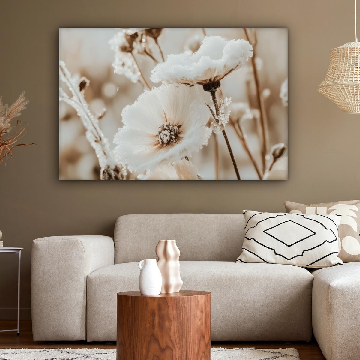 LEINWANDBILD Blumen - Winter - Weiß - Schnee - Beige Wohnzimmer Groß 120x80 cm - Creme, Textil (120/80cm) - MuchoWow