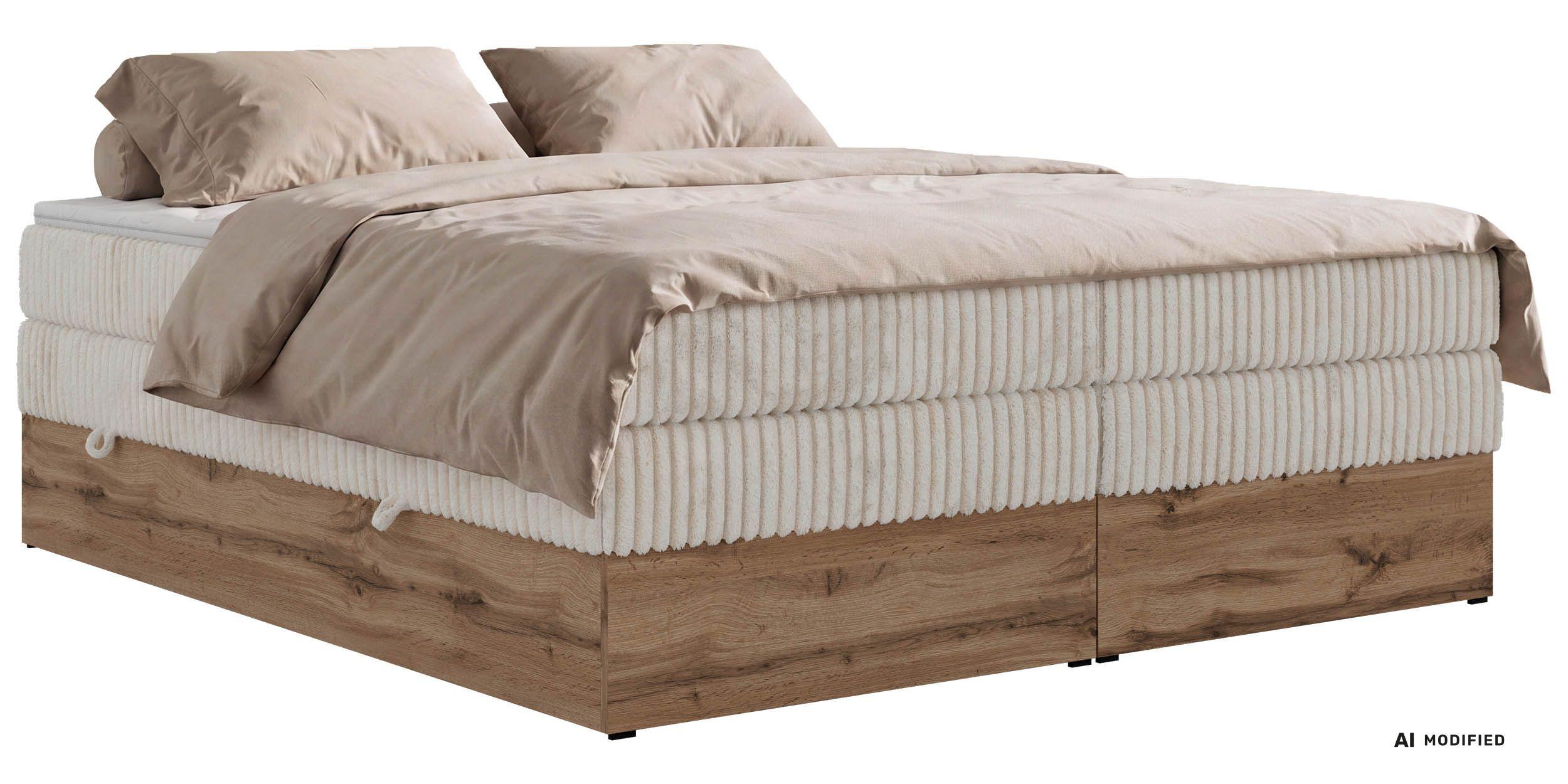 BOXSPRINGBETT WOOD ZERO KING 180/200 - Beige Cord - Topper Visco - H4 - Beige/Schwarz, Kunststoff/Textil (180/200cm) - MKS