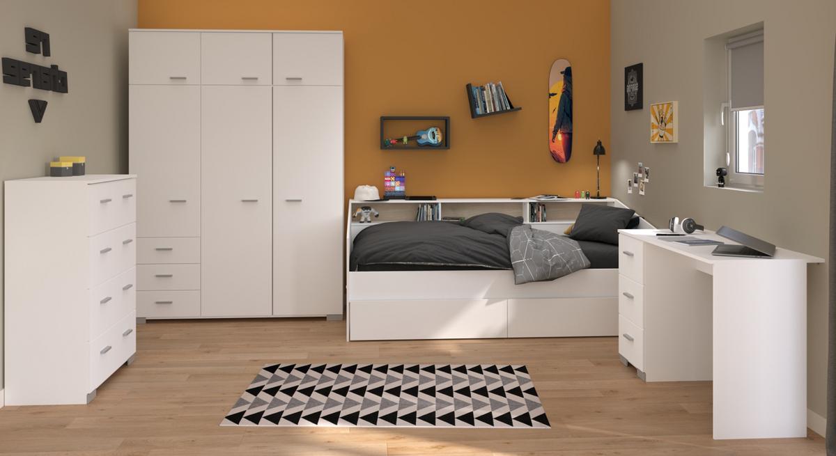 KINDERZIMMER Komplett-Set 4-tlg. weiß mit Stauraumbett 90x200 - Silberfarben/Weiß, Holz/Holzwerkstoff (203/203/113cm) - Parisot Meuble