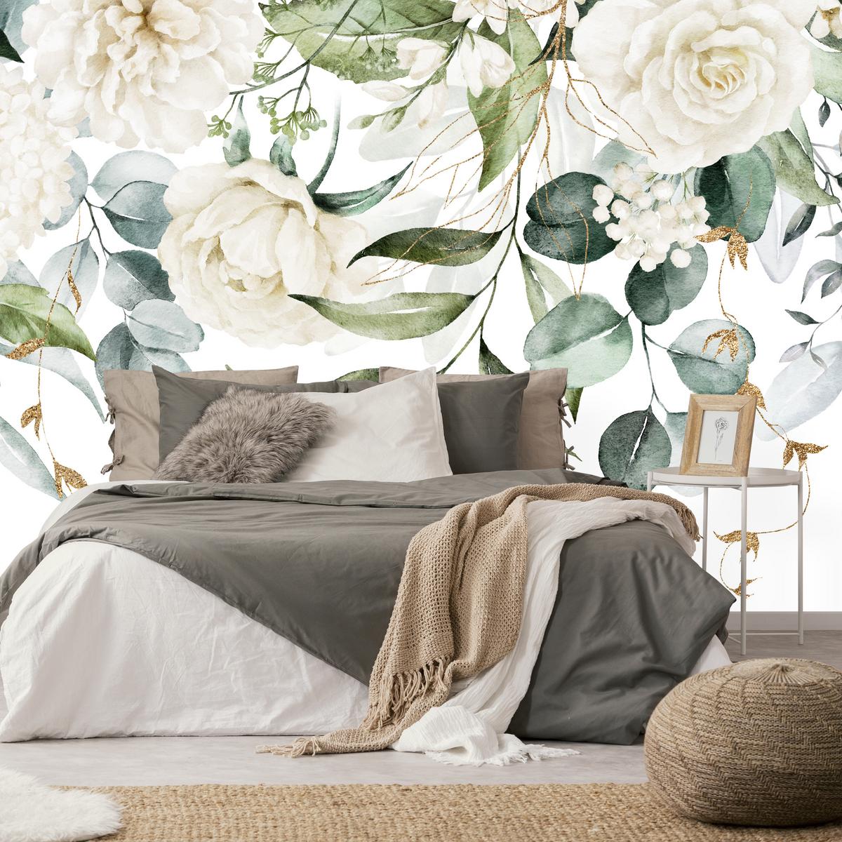 FOTOTAPETE für Schlafzimmer Aquarell Weiße Blumen Pfingstrosen Blätter Natur 350x256 - Creme/Weiß, Papier (350/256cm) - Muralo