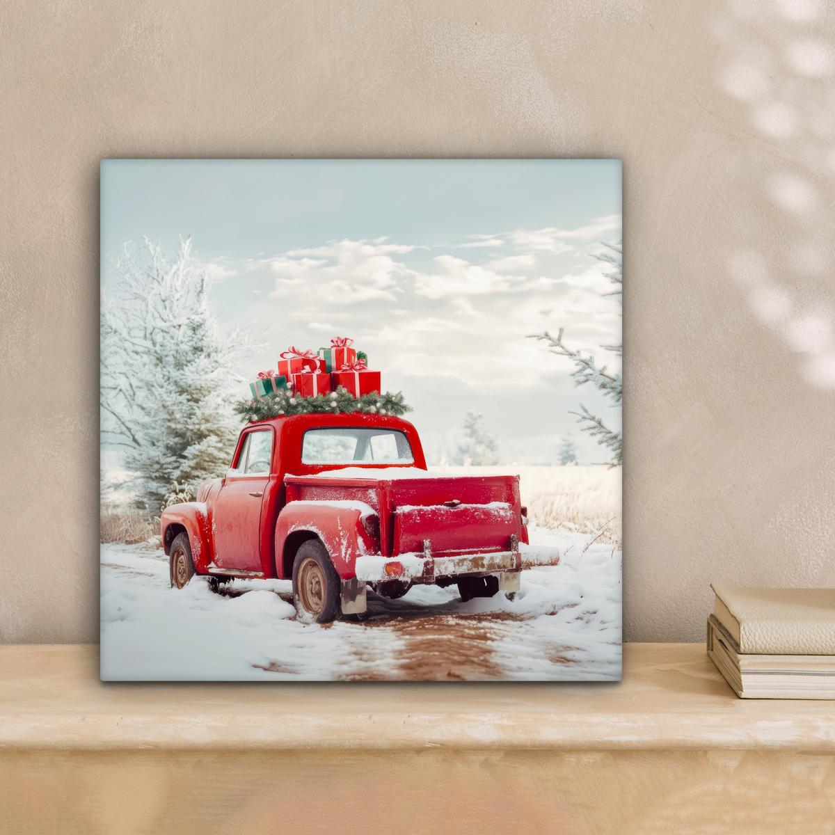 LEINWANDBILD Auto - Rot - Geschenke - Winter - Schnee - Weihnachten Deko Wohnzimmer 20x20 cm - Rot, Textil (20/20cm) - MuchoWow